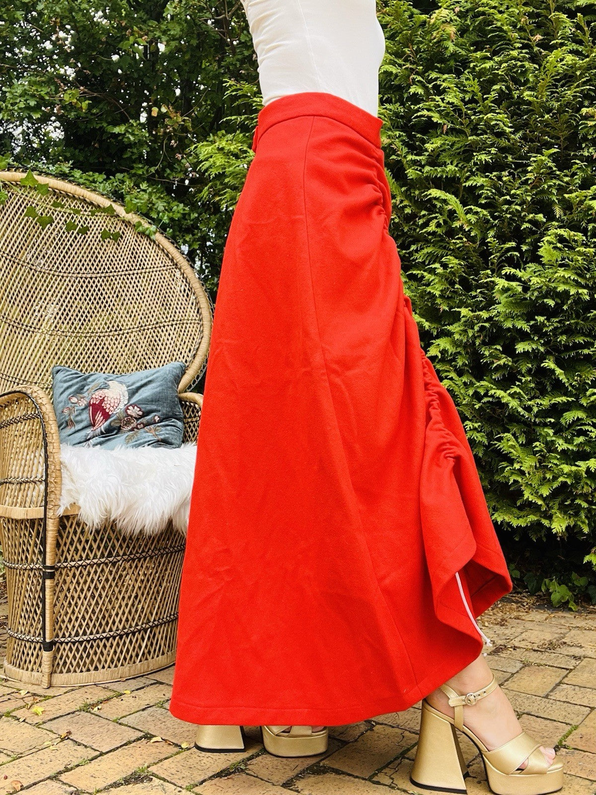 Vintage 1960s Maxi Skirt High Waist Long Skirt With Draw String Ruffle Red 12