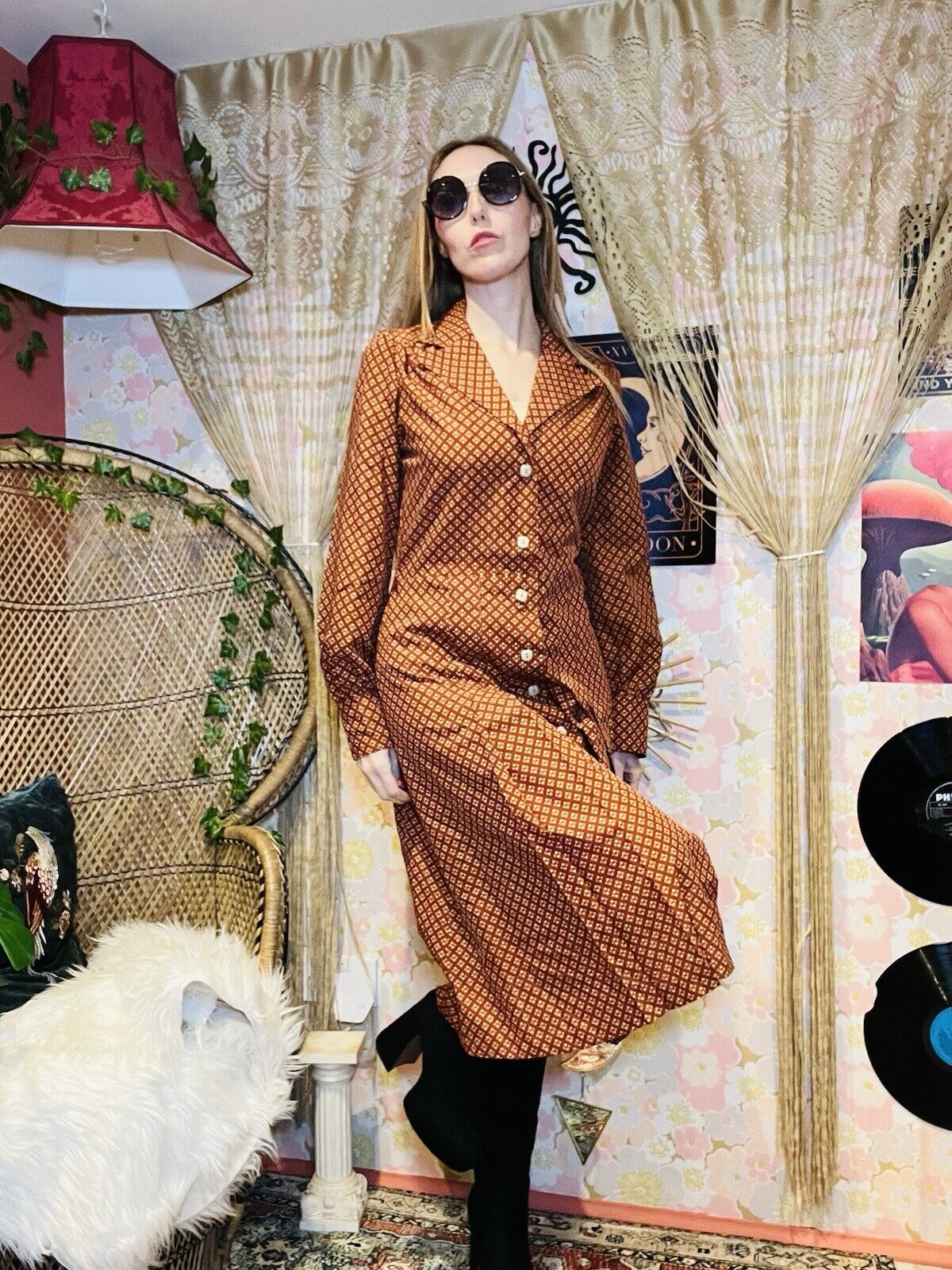 Vintage 1970s Shirt Dress Pleated A Line Collared Long Sleeves Office Work 12