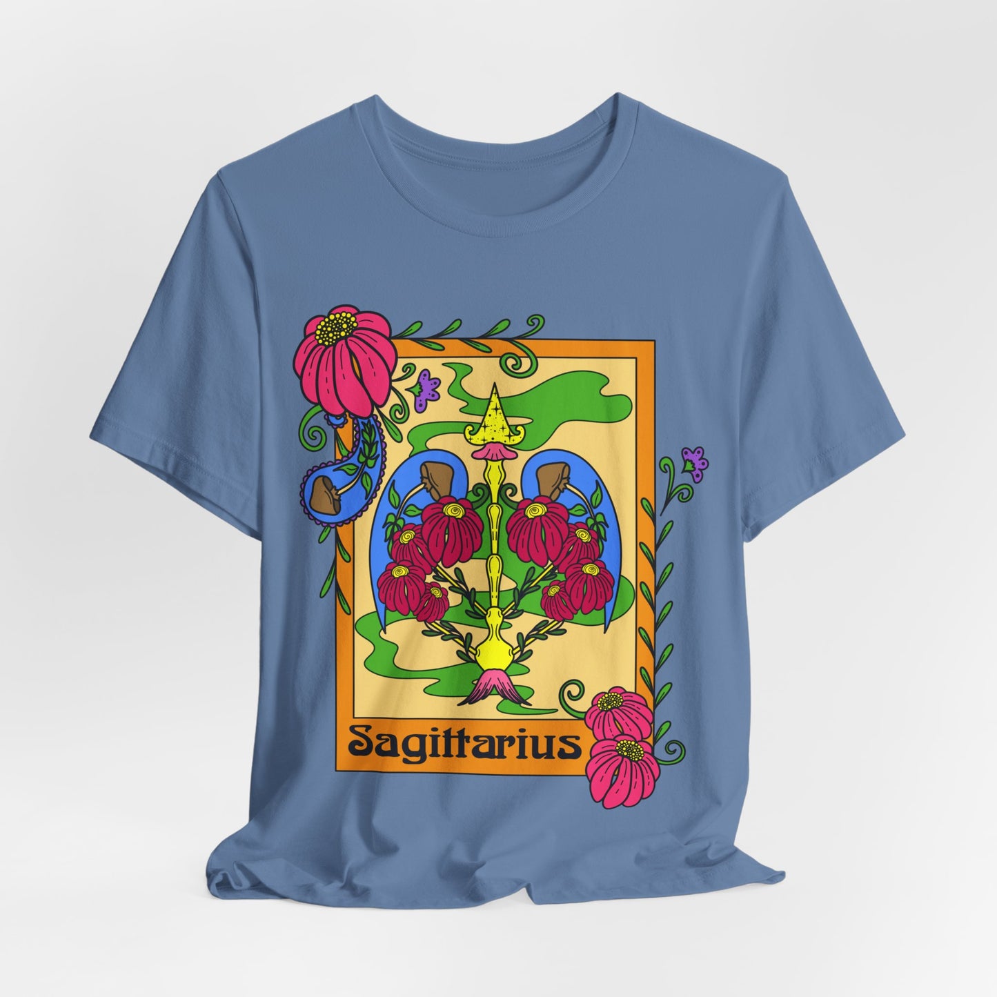 Sagittarius star sign T-Shirt, Bow and arrow zodiac astrology top, Horoscope birthday gift Tee, Bold retro colourful Design tshirt