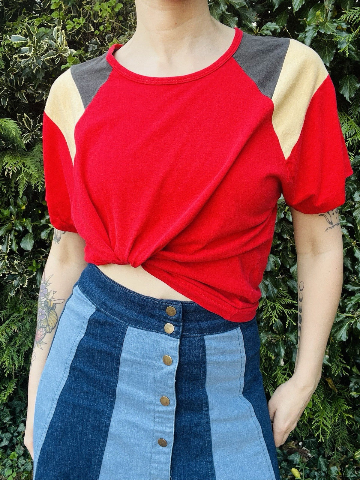 Vintage 80s Cotton T-shirt Block Colour Single Stitch Tee Top Short Sleeve 14-16