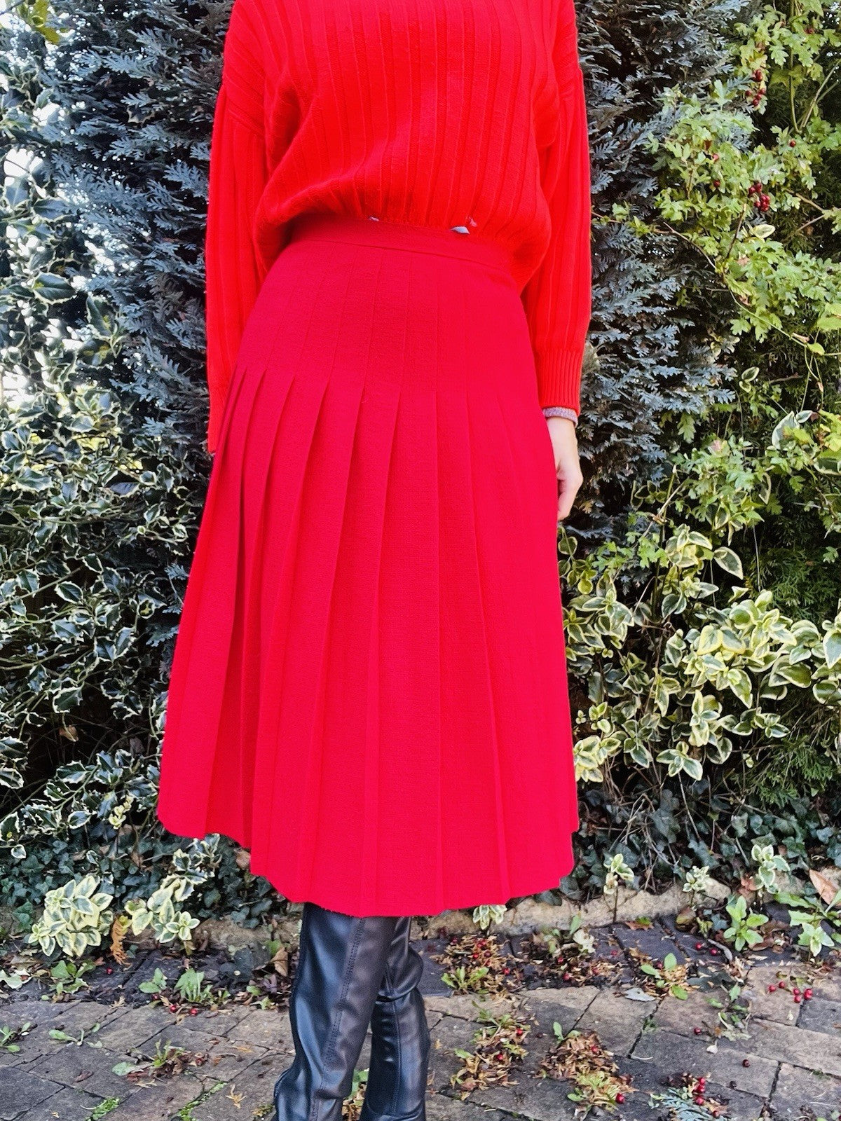 Vintage 1980s Pleated Skirt, High Waist Red Midi Kilt Style Skirt Size 8