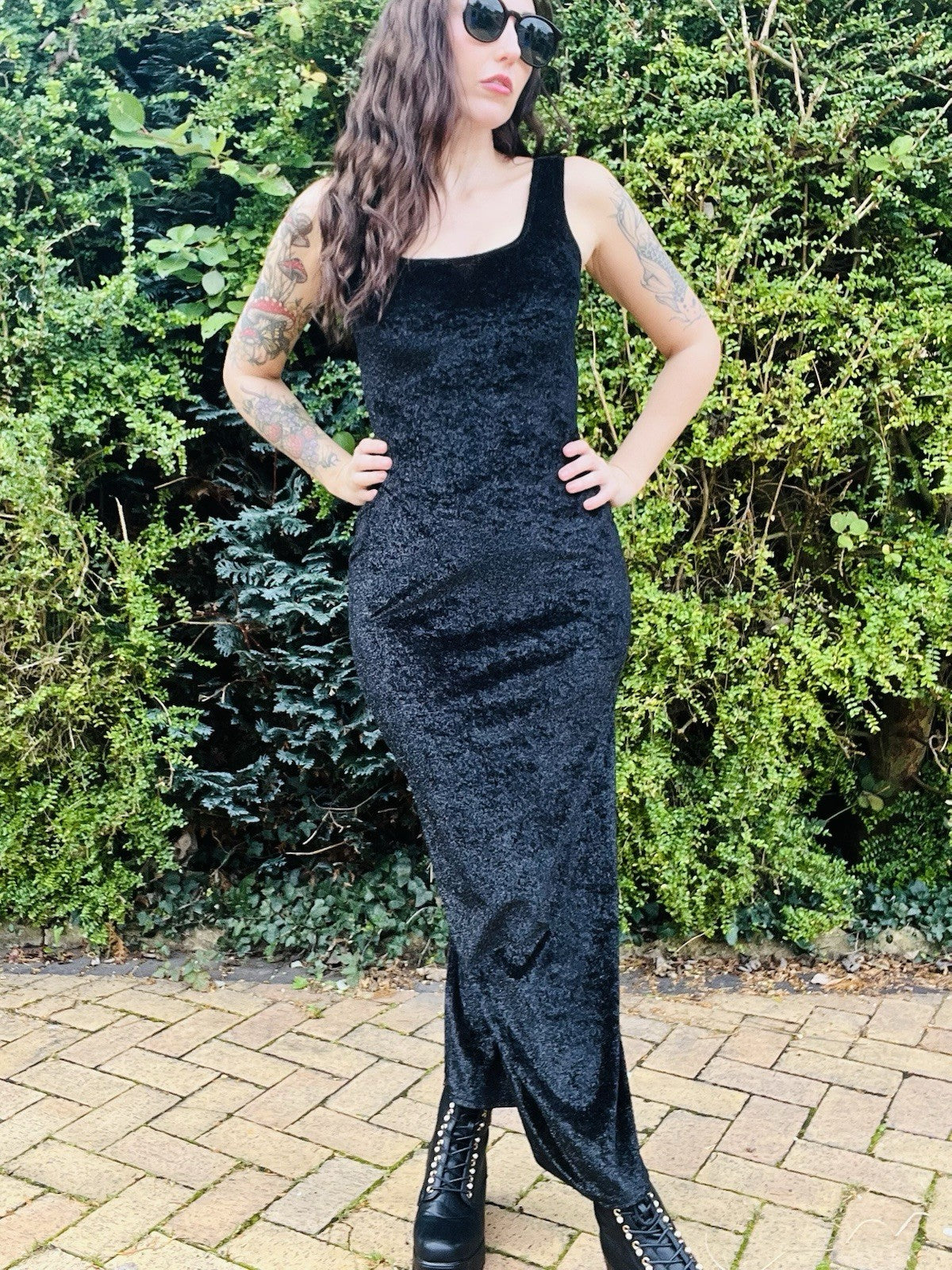 Vintage 1980s Fitted Dress, Long Velvet Wiggle Pencil Dress, Black Size 10