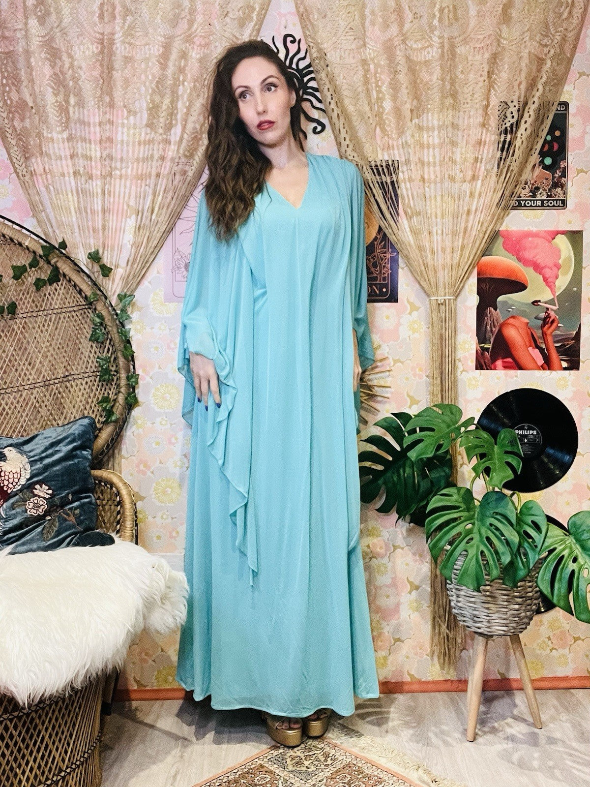 Vintage 1970s Maxi Dress Flared Angel Sleeve Floaty Layered Hippie Dress Blue 14