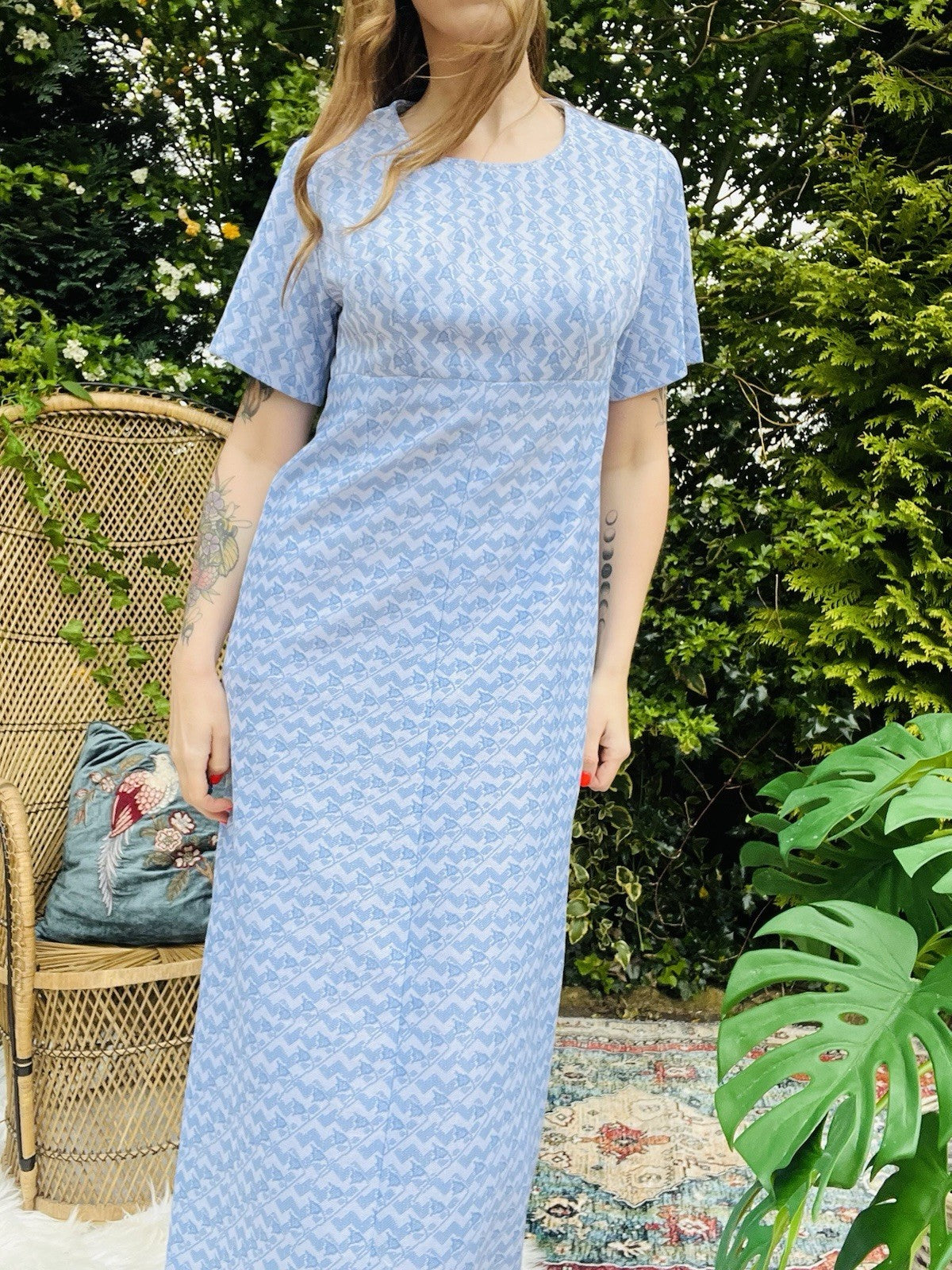 Vintage 1960s Maxi Dress Empire Waist Short Sleeve Long Summer Dress Blue 14