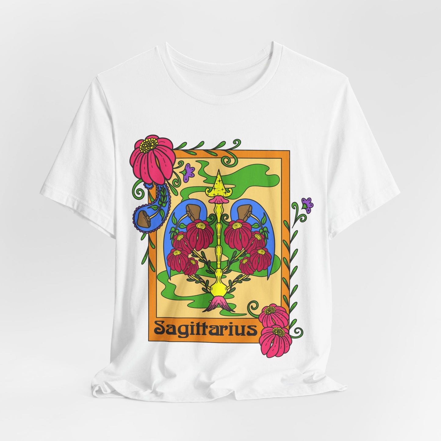 Sagittarius star sign T-Shirt, Bow and arrow zodiac astrology top, Horoscope birthday gift Tee, Bold retro colourful Design tshirt