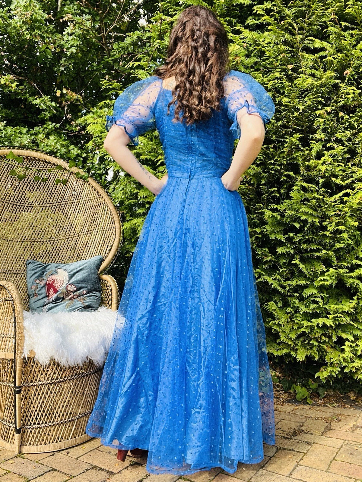 Vintage 1980s Long Dress, Sheer Polkadot Puff Sleeves Ball Gown - Blue Size 10