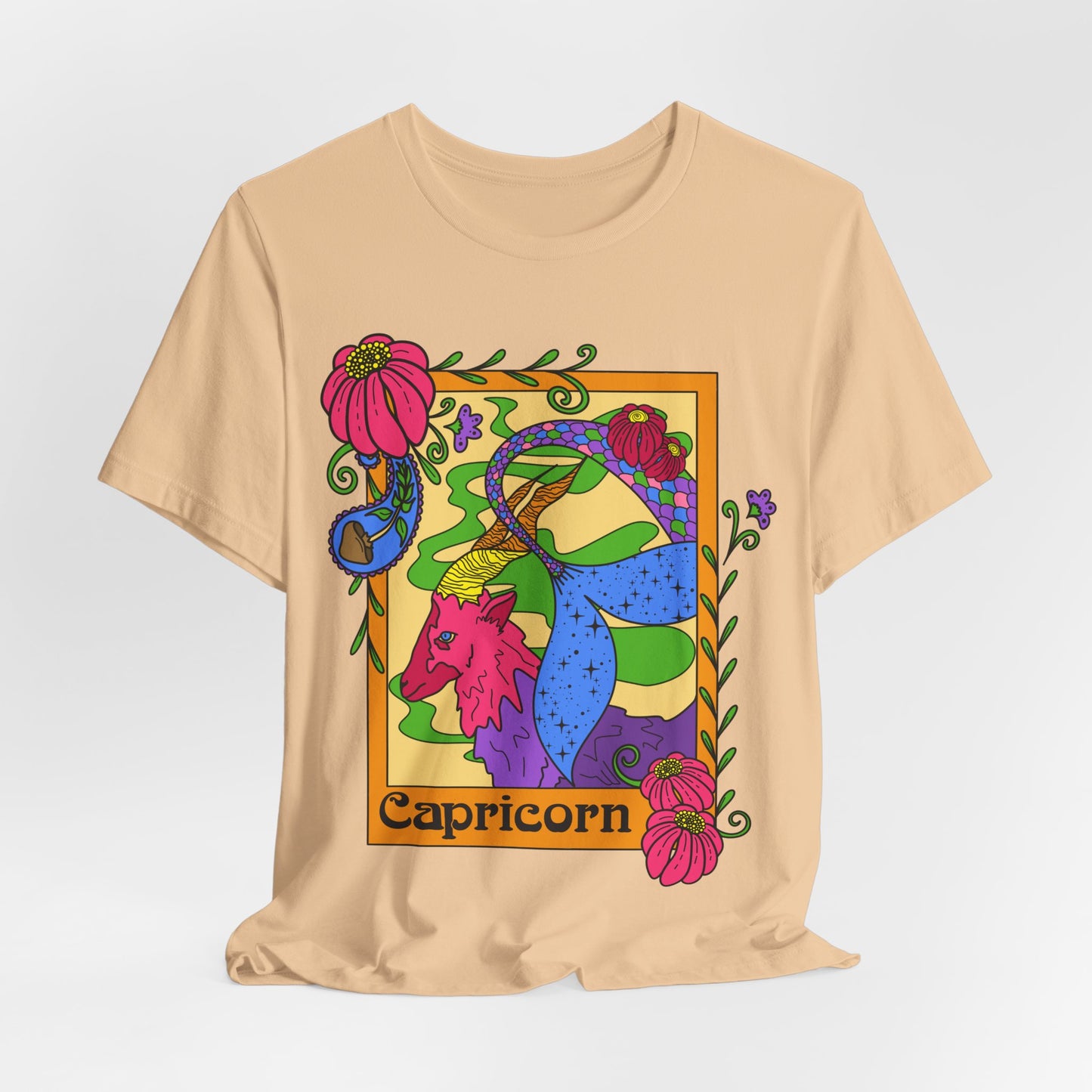 Capricorn star sign T-Shirt, Sea goat zodiac astrology top, Horoscope birthday gift Tee, Bold retro colourful Design tshirt