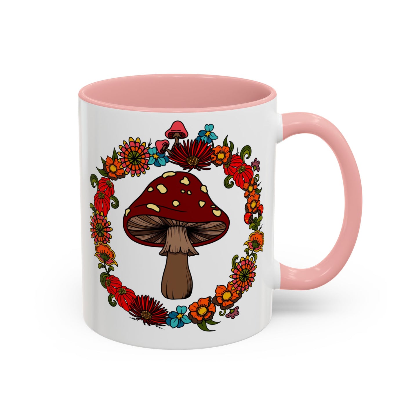 Flower and mushroom mug, Retro Floral 60s 70s tea and coffee cup, Colourful hippie flower power ceramic mug
