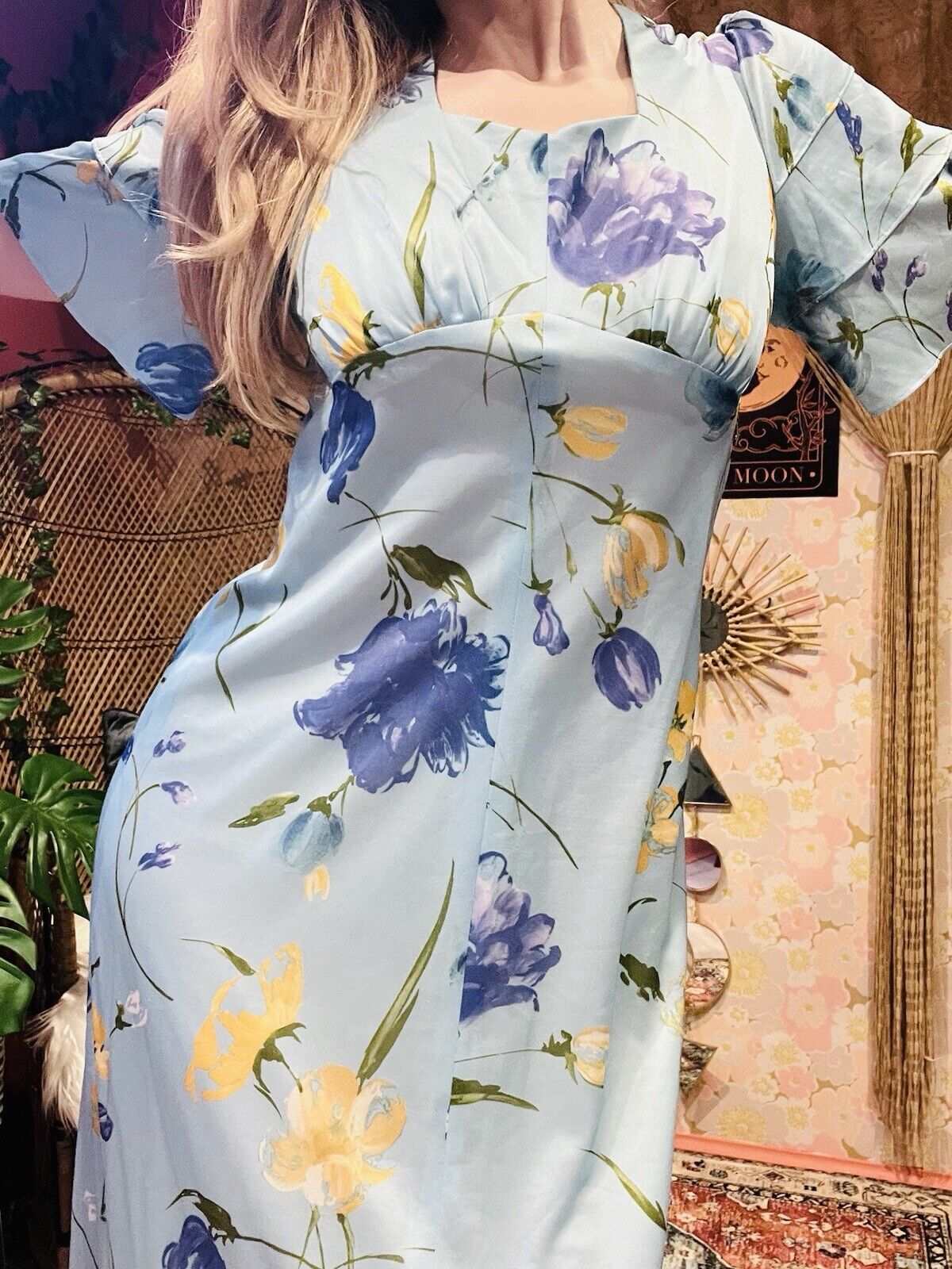 Vintage 1970s Maxi Dress Frilly Layered Sleeve Long Summer Floral Dress Blue 14