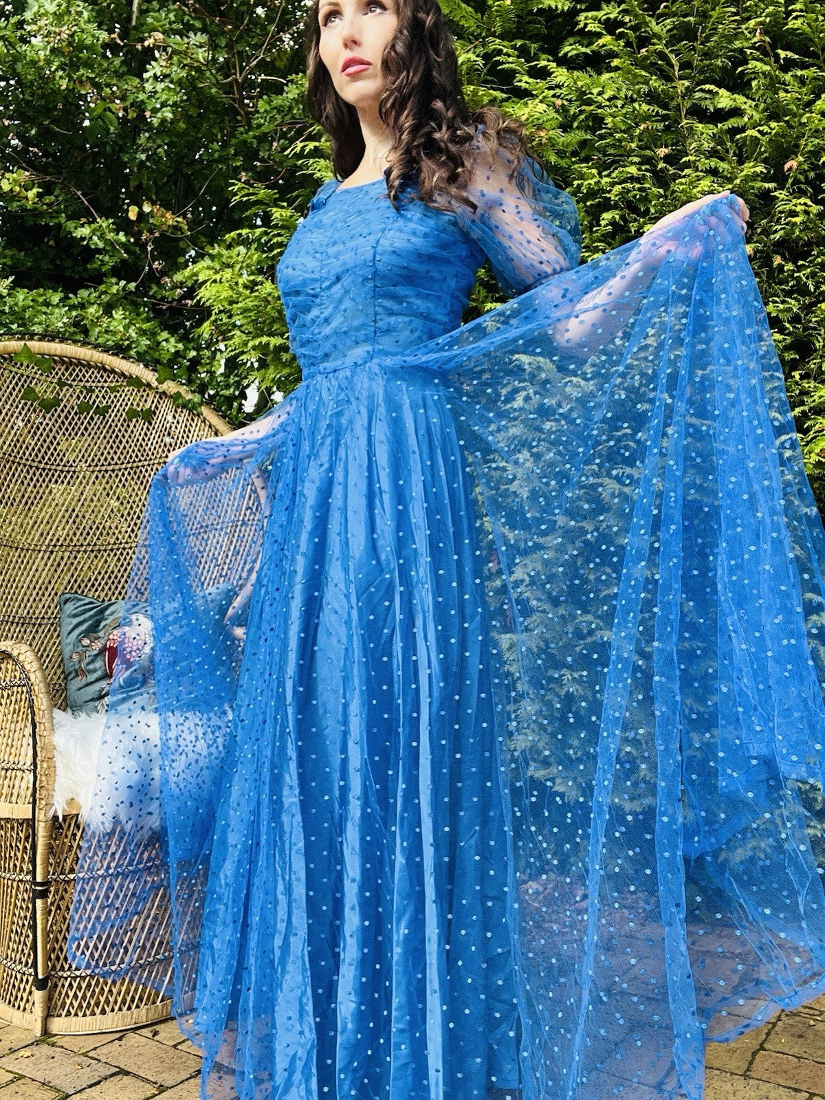 Vintage 1980s Long Dress, Sheer Polkadot Puff Sleeves Ball Gown - Blue Size 10