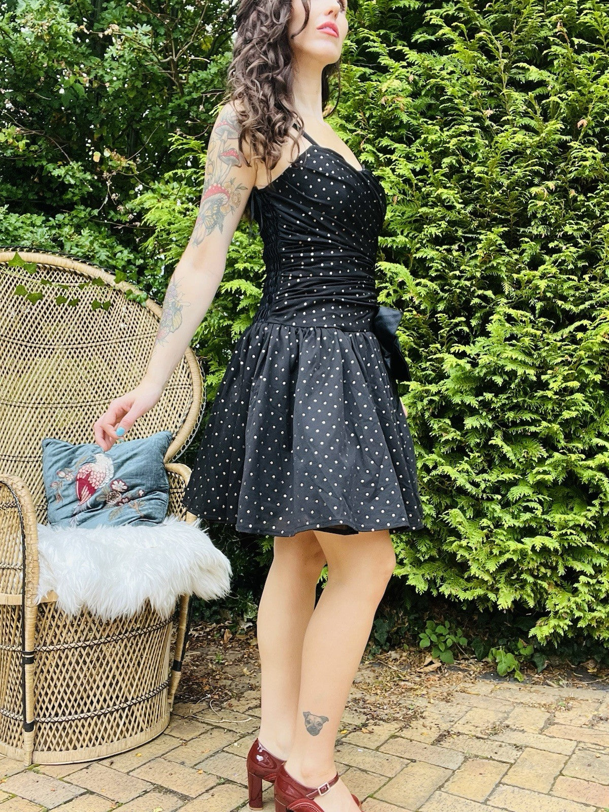 Vintage 80s Party Dress Ruched Waist A-line Puffy Skirt Polkadot With Bow 8-10