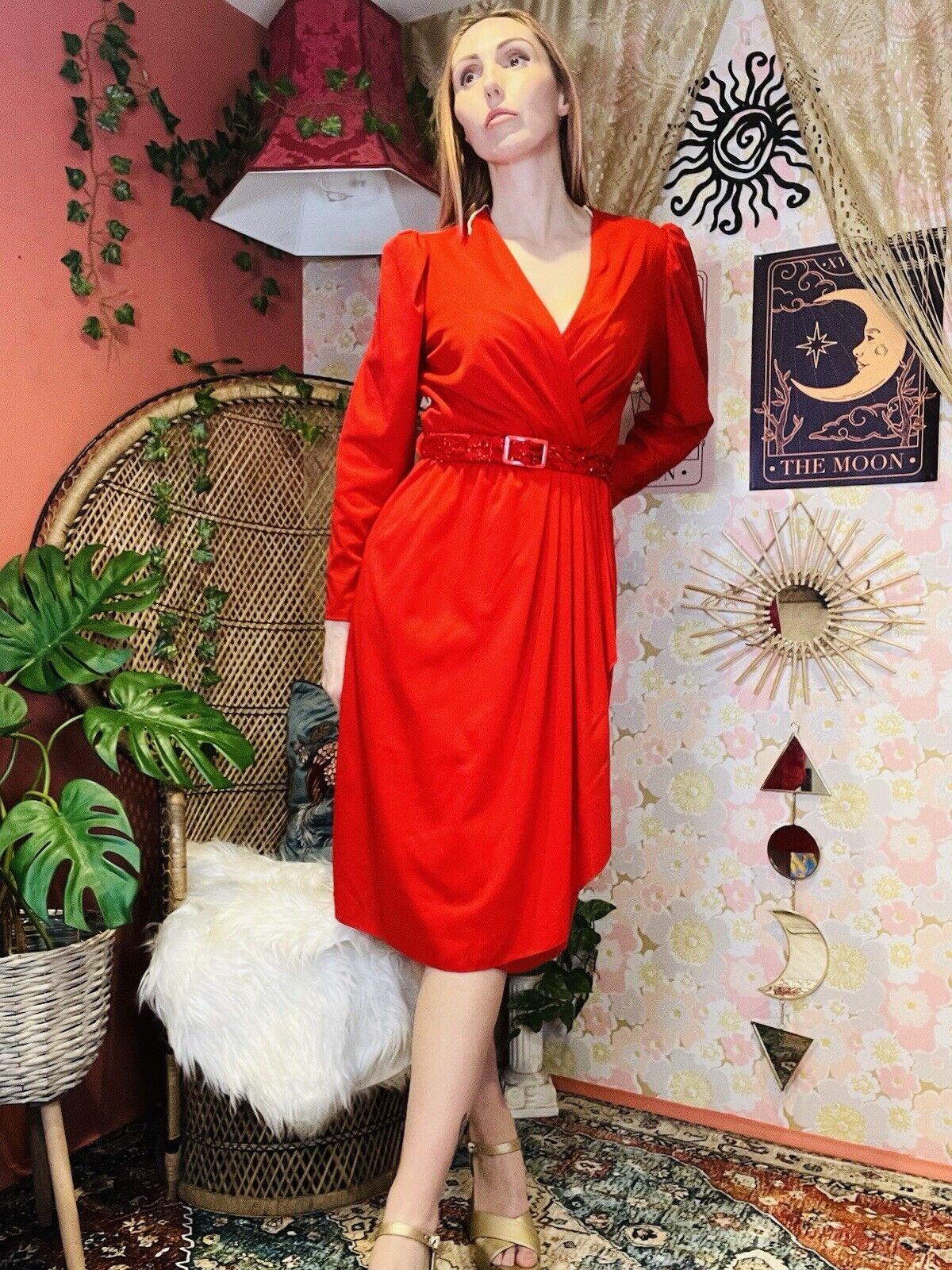 Vintage 1980s Wrap Style Dress Long Sleeve With Sparkly Belt Red Size 10