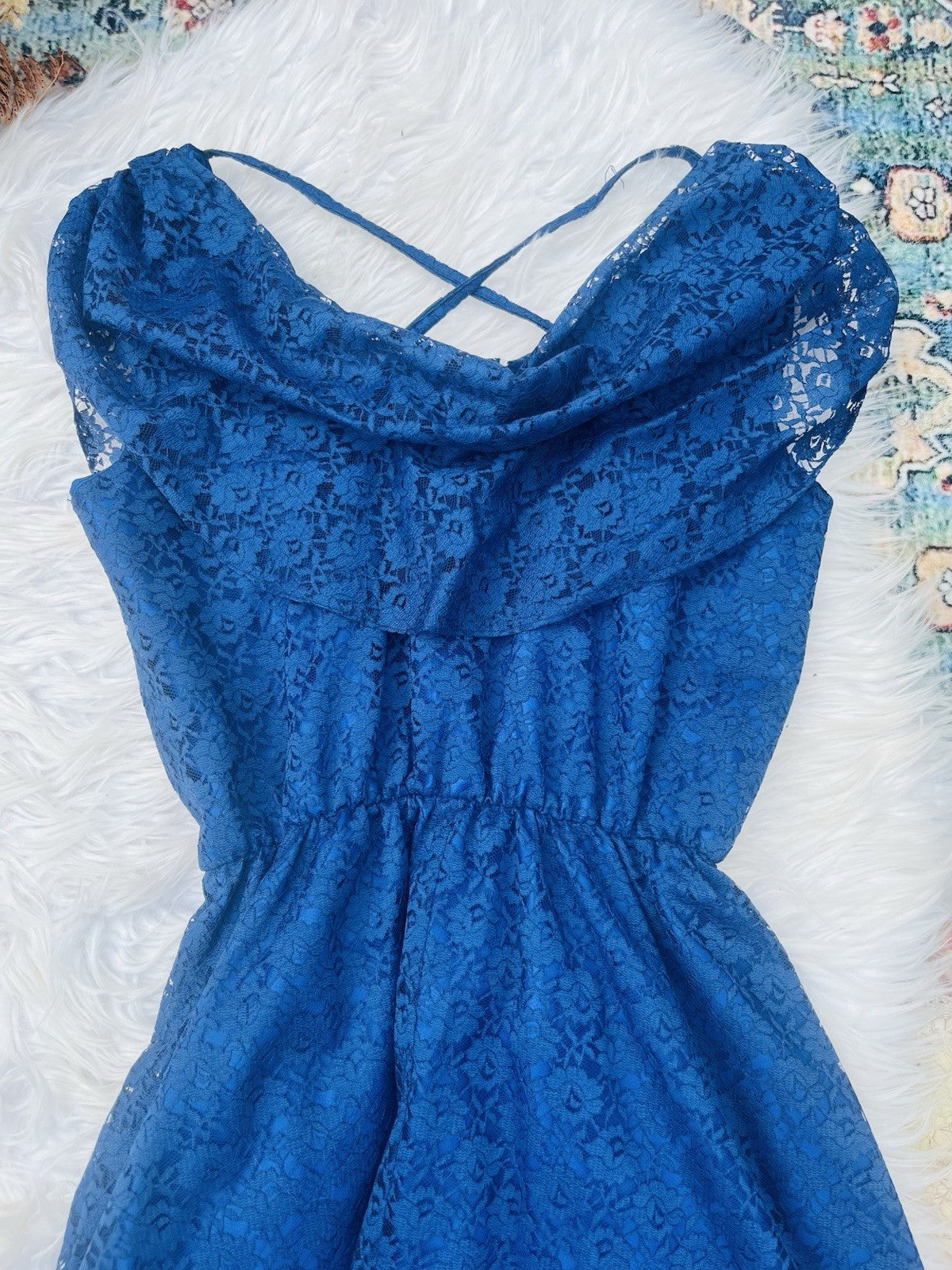 Vintage 1980s Lace Dress Long Maxi Prairie Dress With Cowl Neck Blue Size 10-12