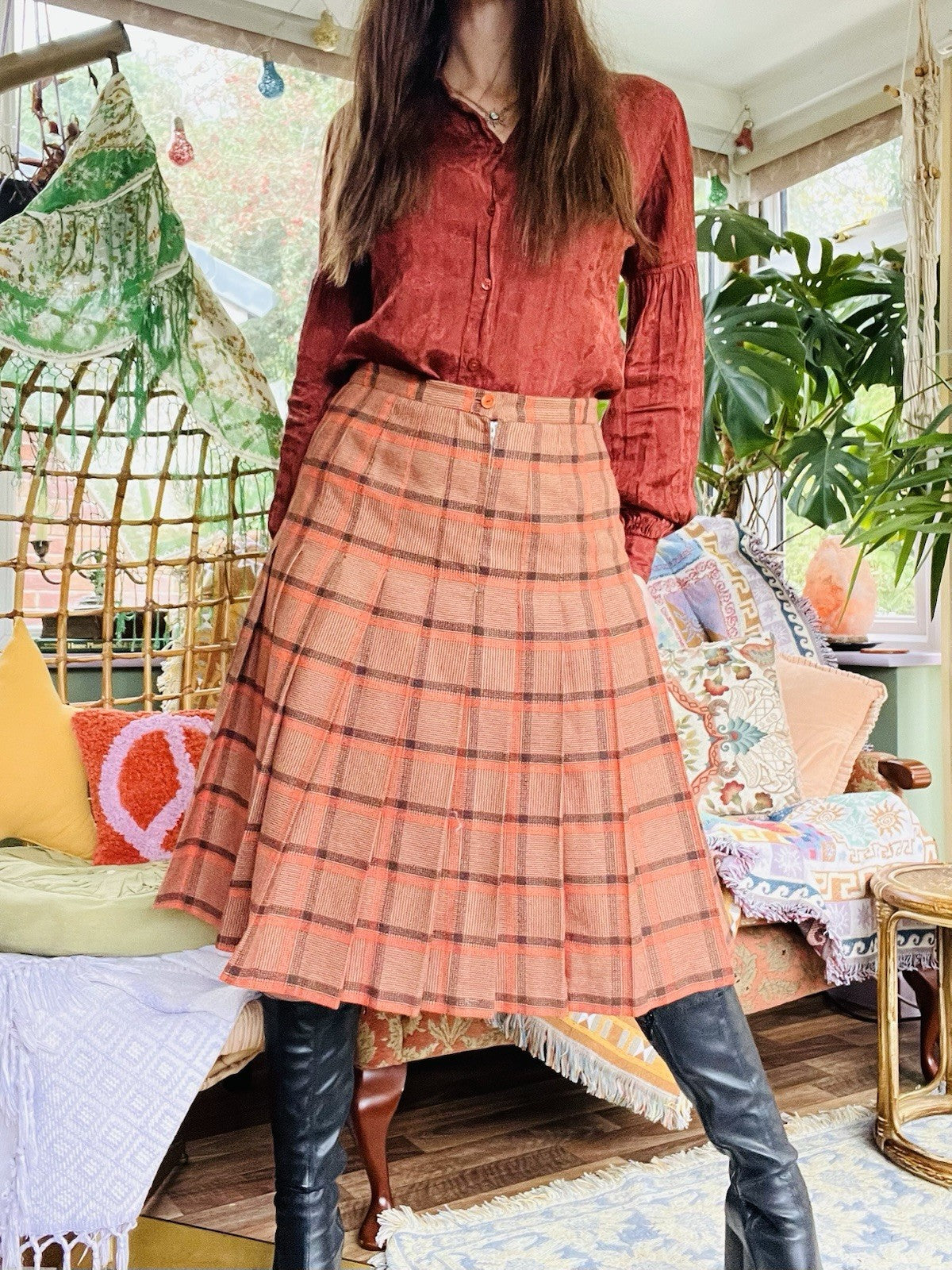 Vintahe 1980s Tartan Skirt, Pleated Plaid High Waist Midi Skirt, Orange Size 12