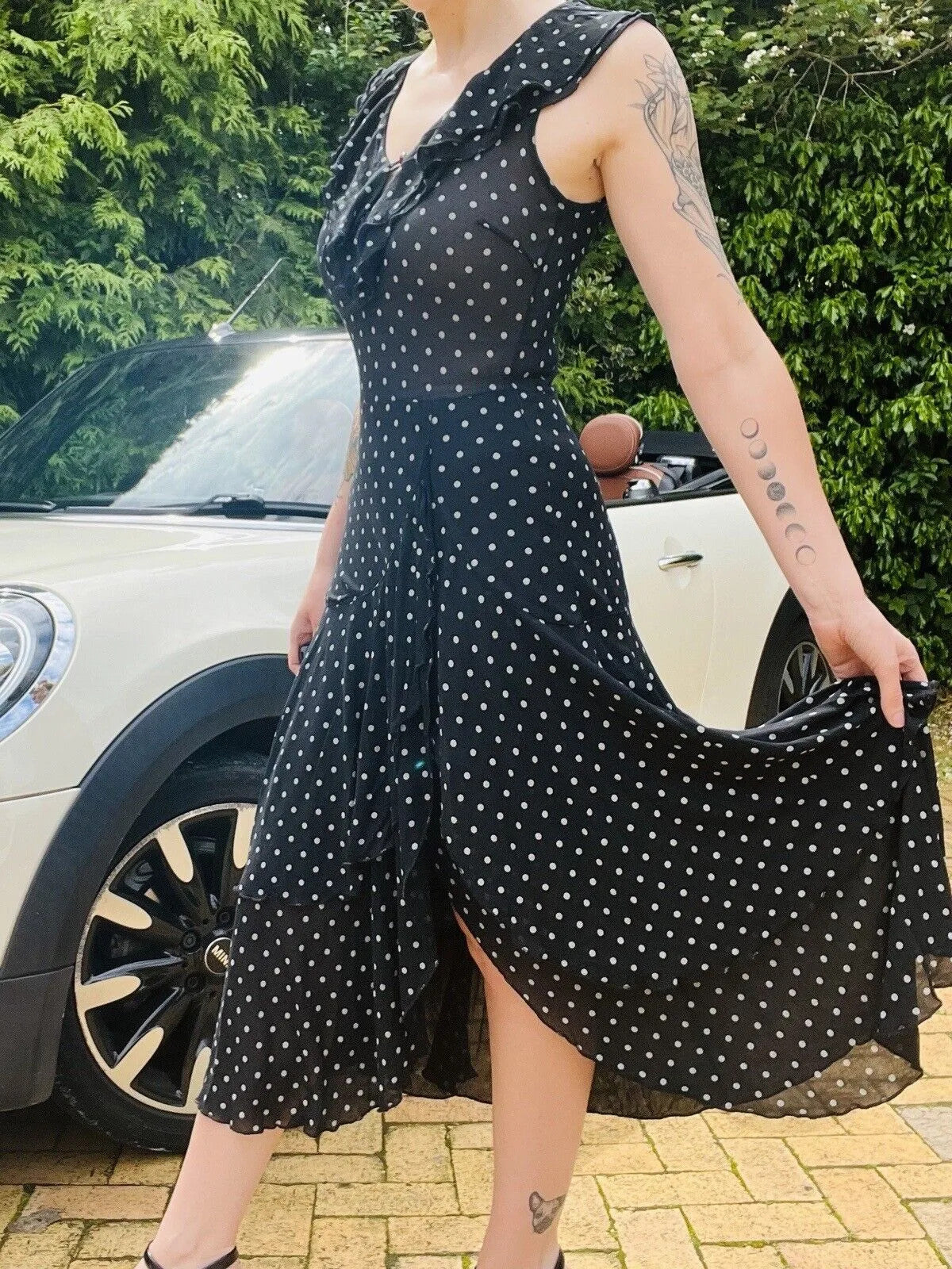 1980s polkadot cocktail dress Black Size 10 M True Vintage frilly layered midi