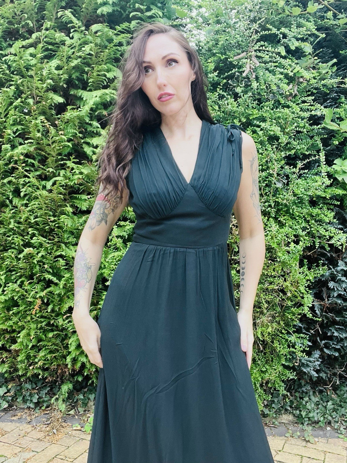 Vintage 1970s Black Dress By Vera Mont, Long Maxi Length, Tie Waist Size 10