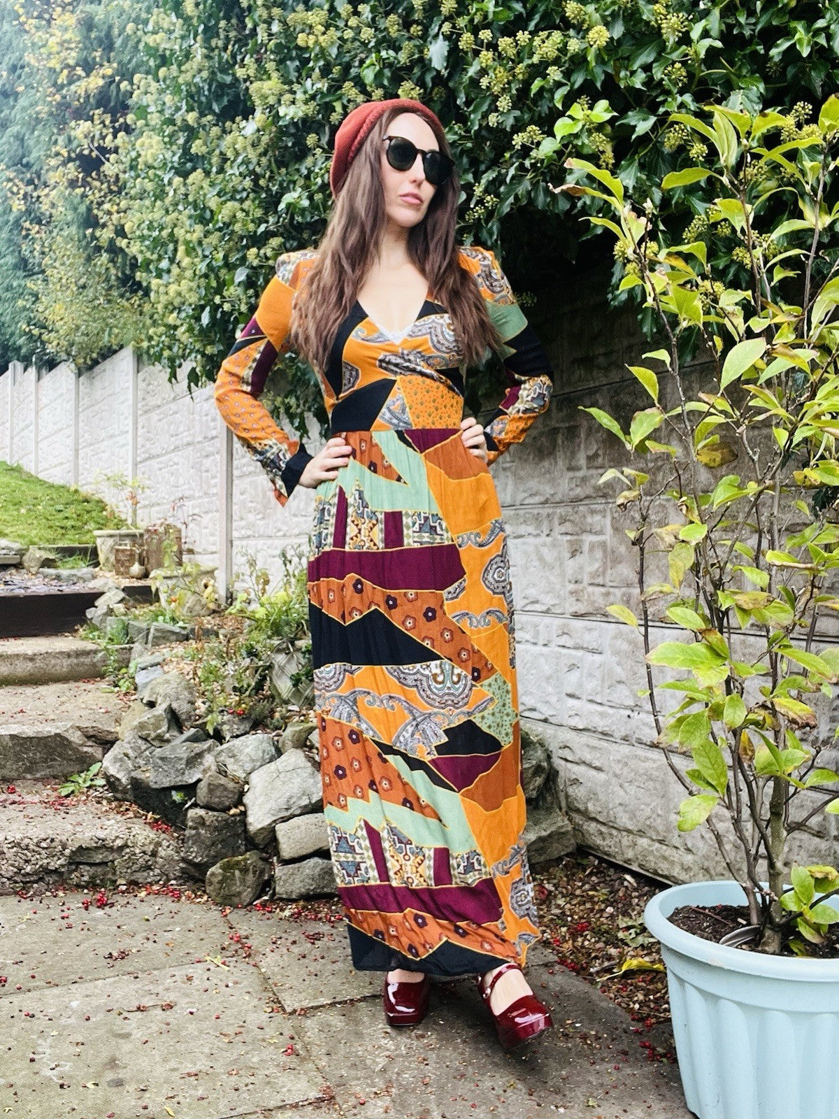 Long Sleeved Maxi Dress By Reserved Size 8-10 Orange Boho Hippie Retro Style