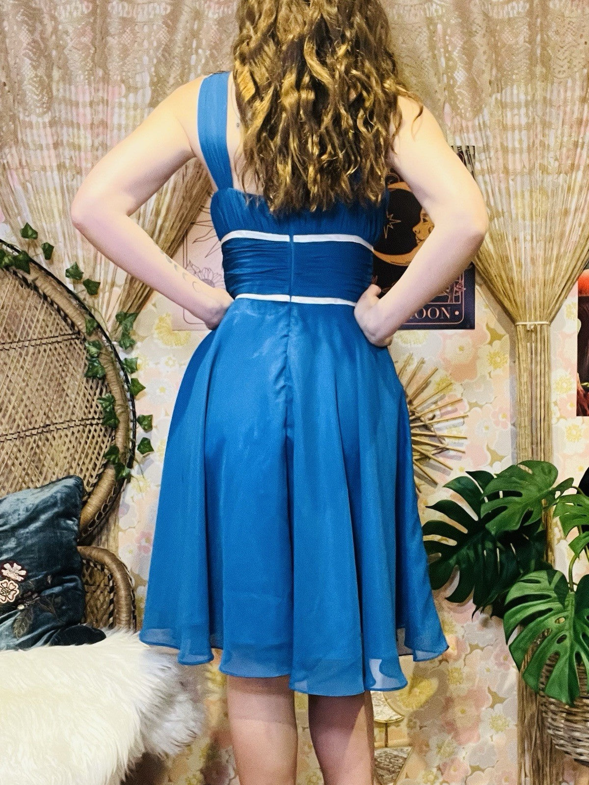 Vintage 1980s Party Dress Floaty Rouched Waist Cocktail Dress Blue Size 10
