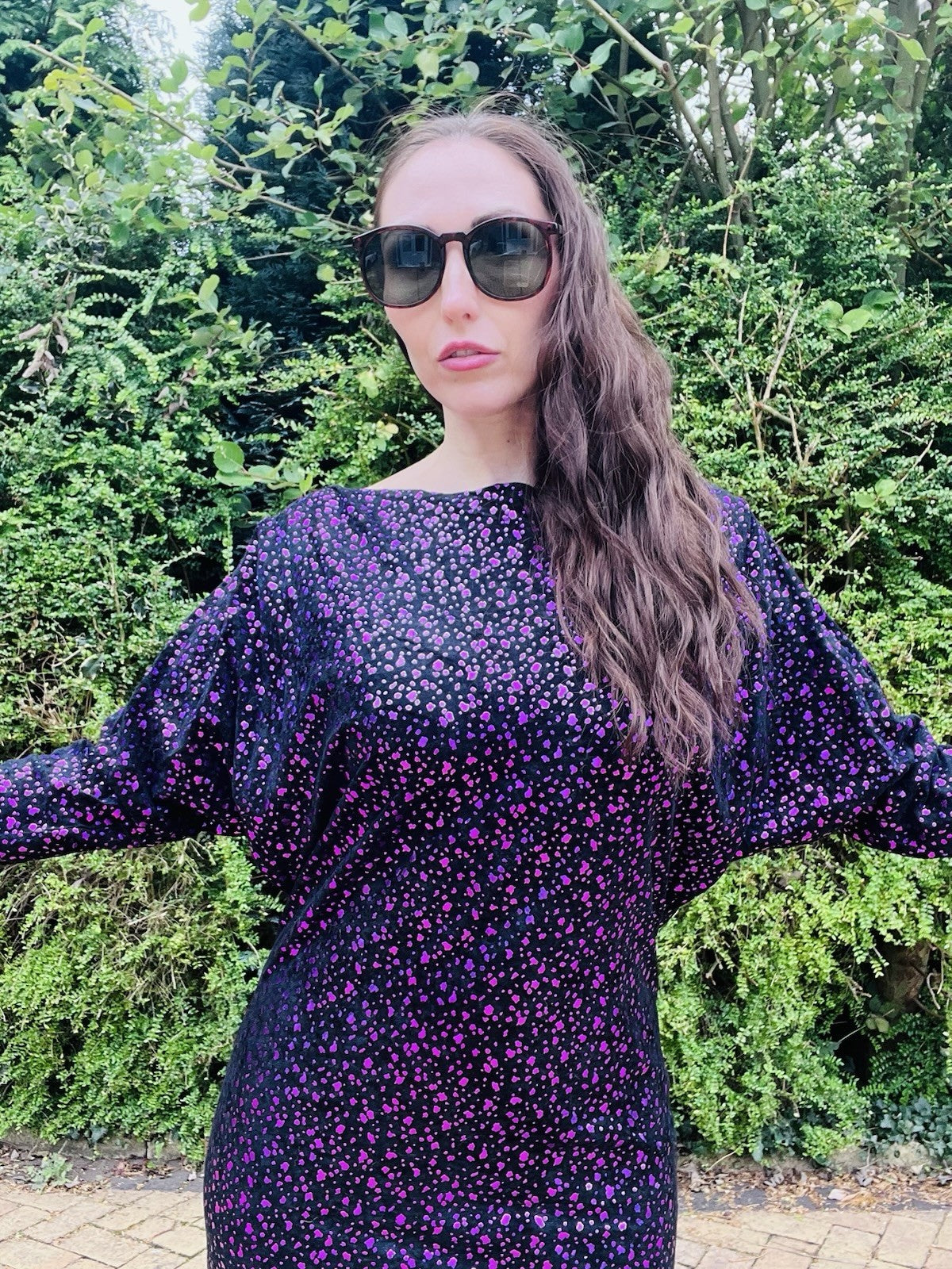 Vintage 1980s Batwing Dress Long Sleeve Polcadot Shiny Fun Fancy Dress Size 10