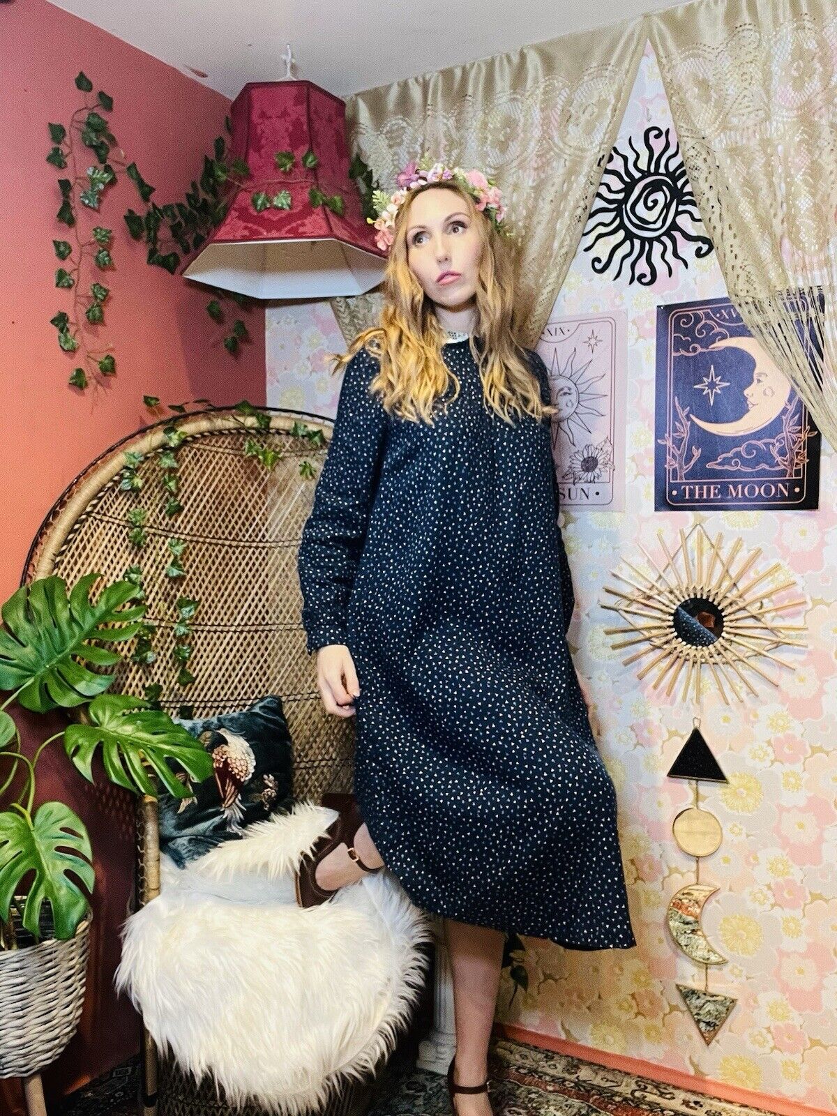 Vintage 1970s Midi Dress By Betty Barclay With Long Sleeves And Lace Collar 8