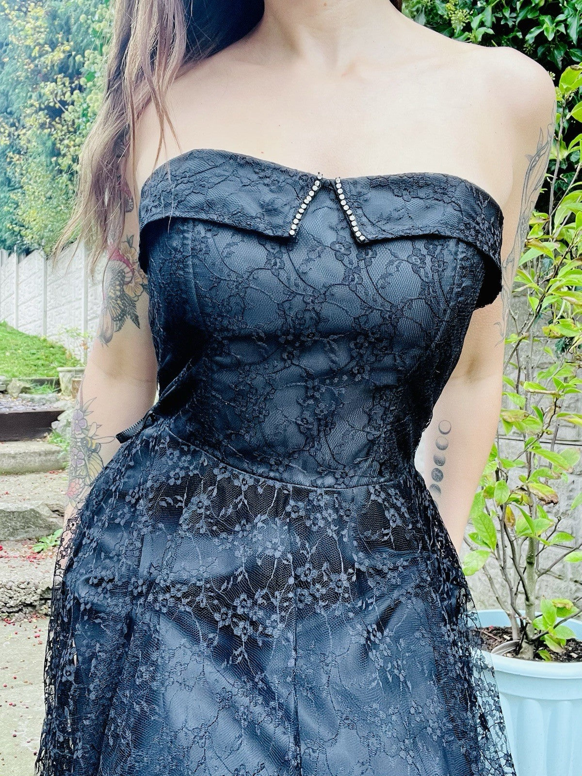 Vintage 1980s Party Dress Black Size 10 Strapless Layered Lace Whimsigoth