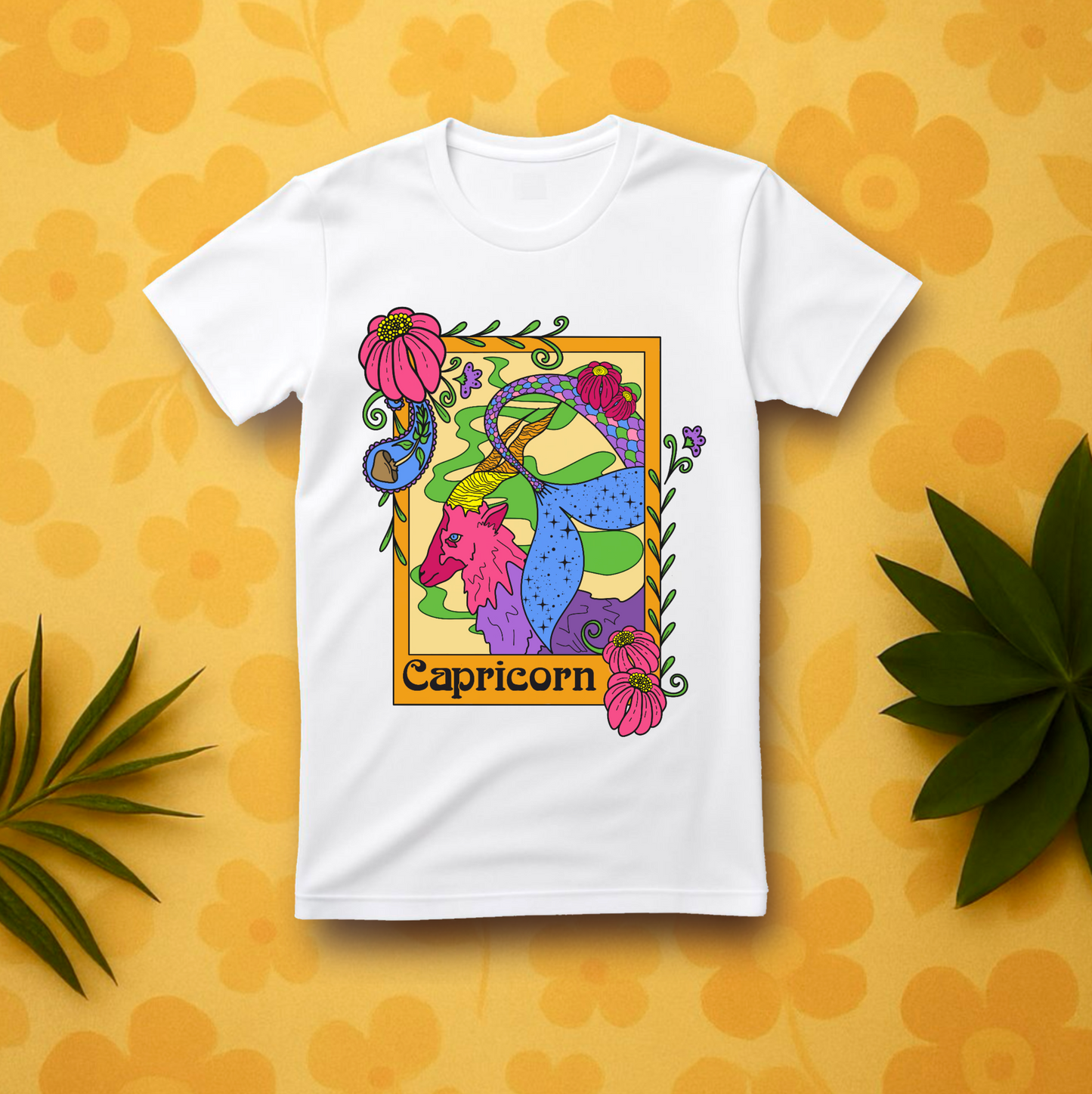 Capricorn star sign T-Shirt, Sea goat zodiac astrology top, Horoscope birthday gift Tee, Bold retro colourful Design tshirt