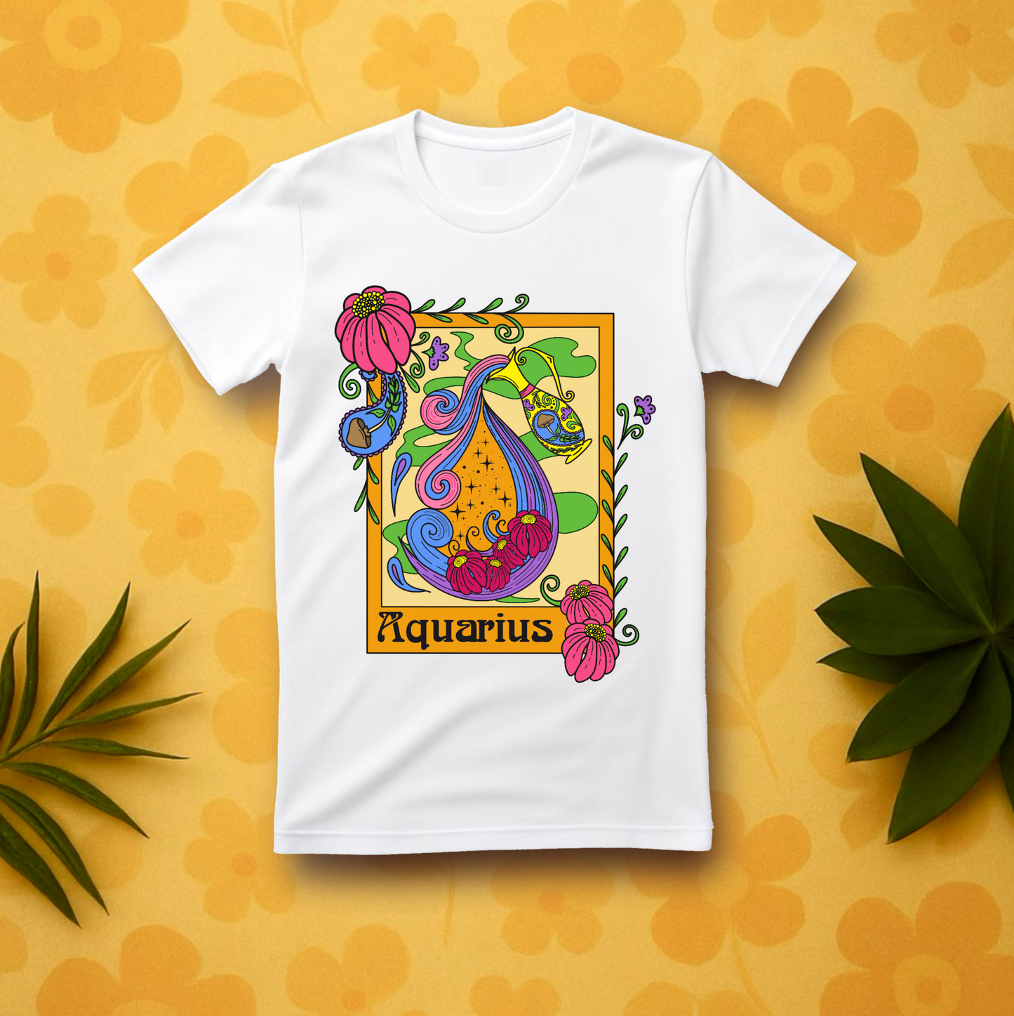Aquarius star sign T-Shirt, water pale zodiac astrology top, Horoscope birthday gift Tee, Bold retro colourful Design tshirt