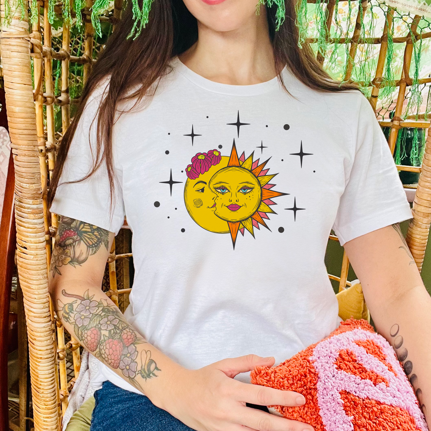 Celestial Sun and Moon Tshirt, Boho Stars and flowers Tee, Galaxy Graphic Shirt, whimsical Top