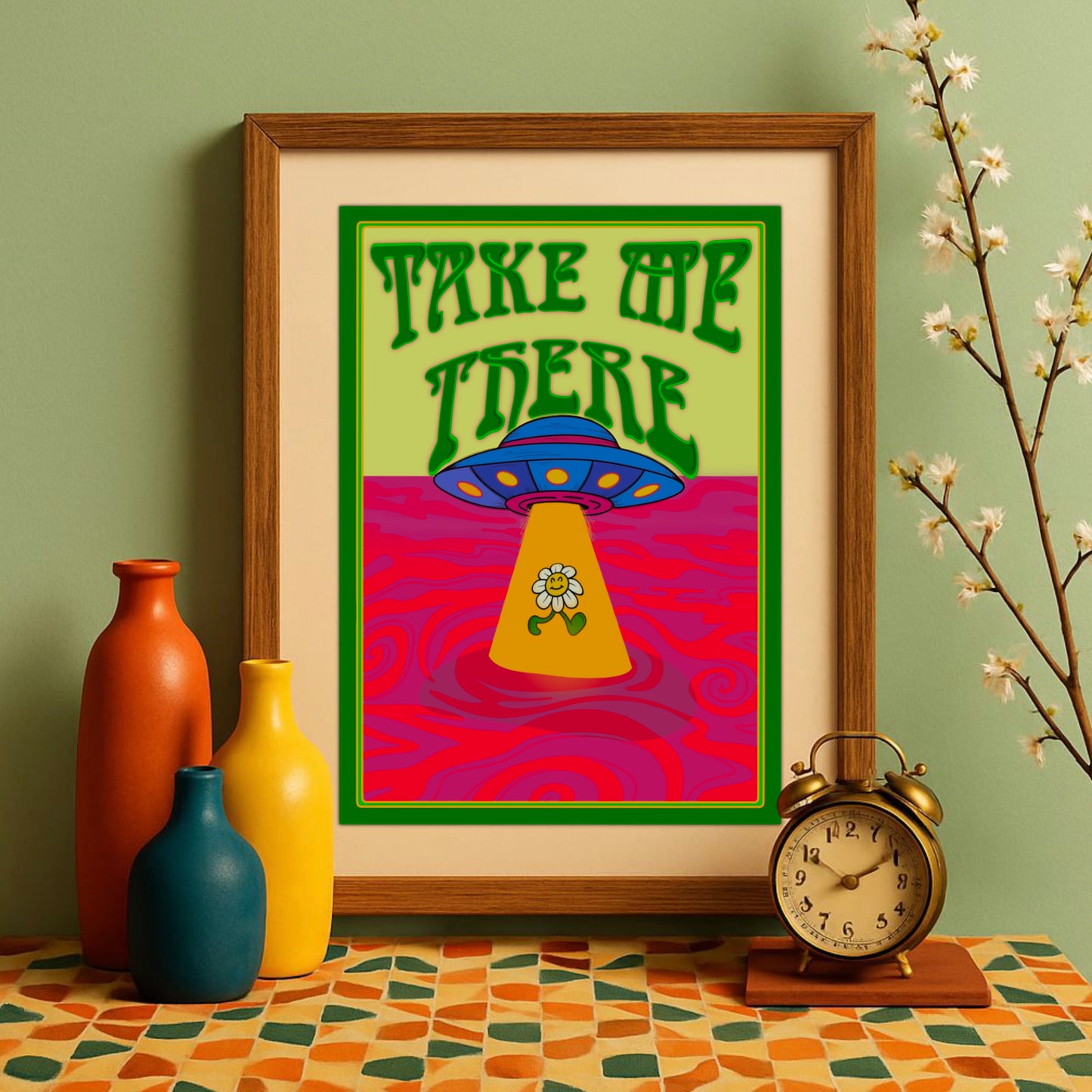 Psychedelic Trippy UFO Poster, Colourful Retro Hippie Wall Art, 1960s 1970s Home Decor Print