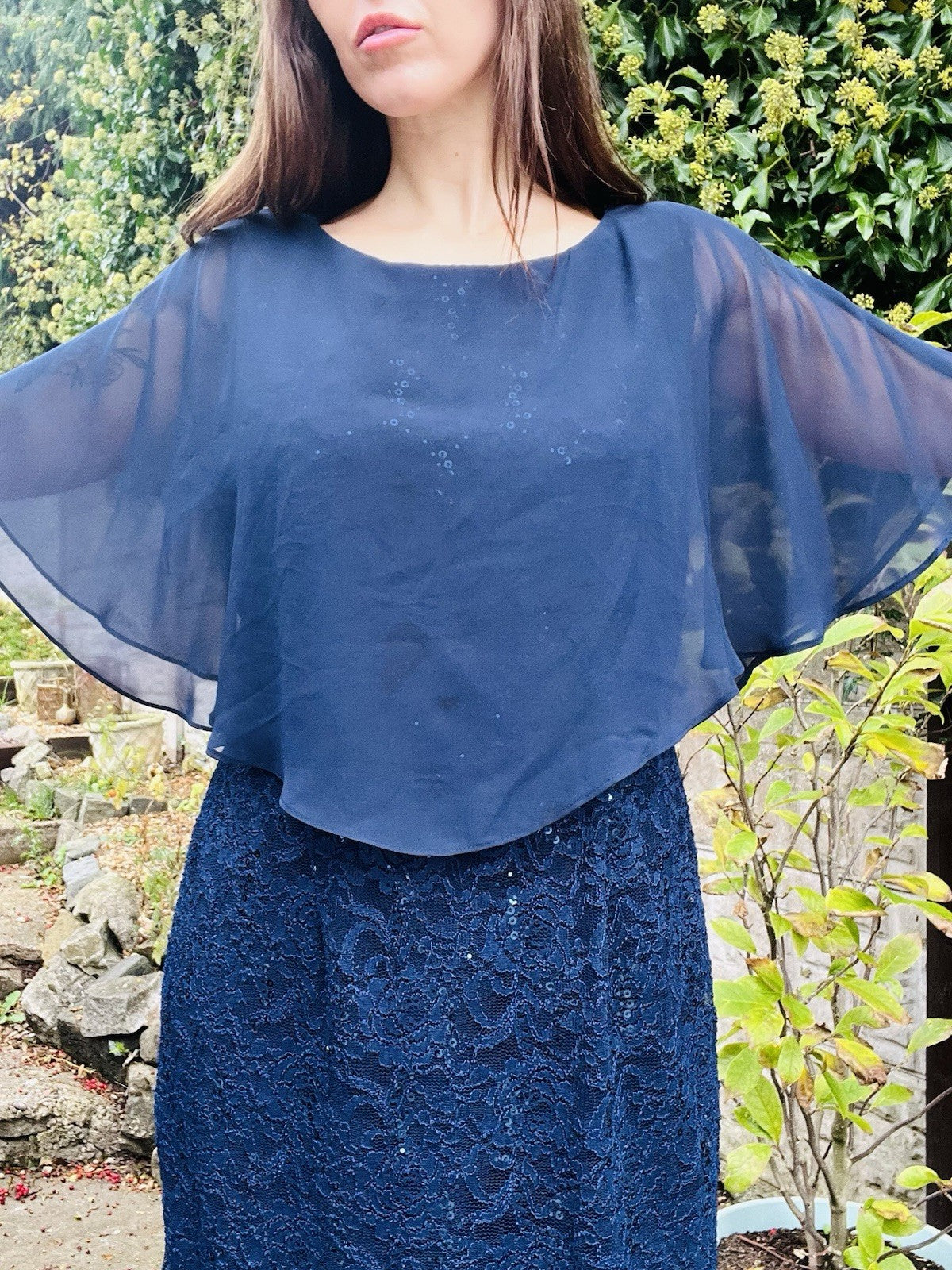 Vintage 1980s Cocktail Dress Blue Size 18 To 20 Retro Lace 80s With Sheer Cape