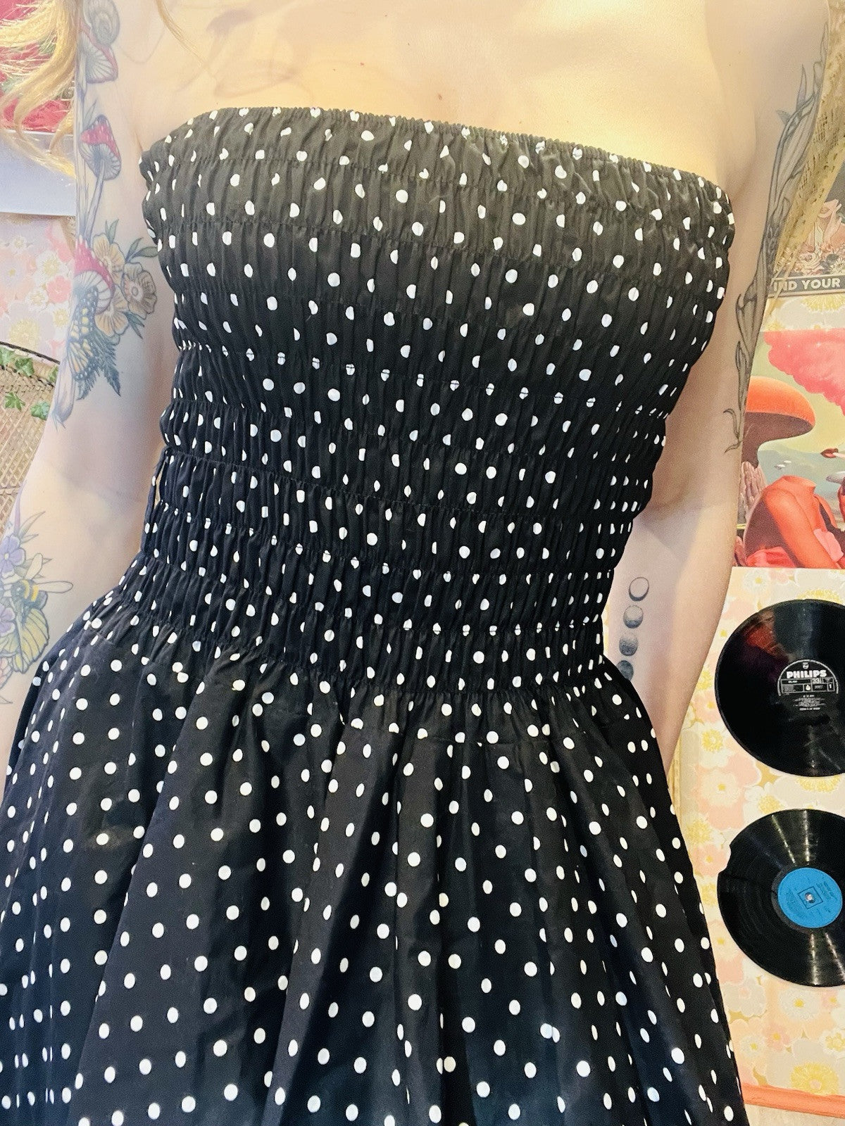 Vintage 1980s Polkadot Dress Frilly A-line Strapless Shirring Party Dress 12