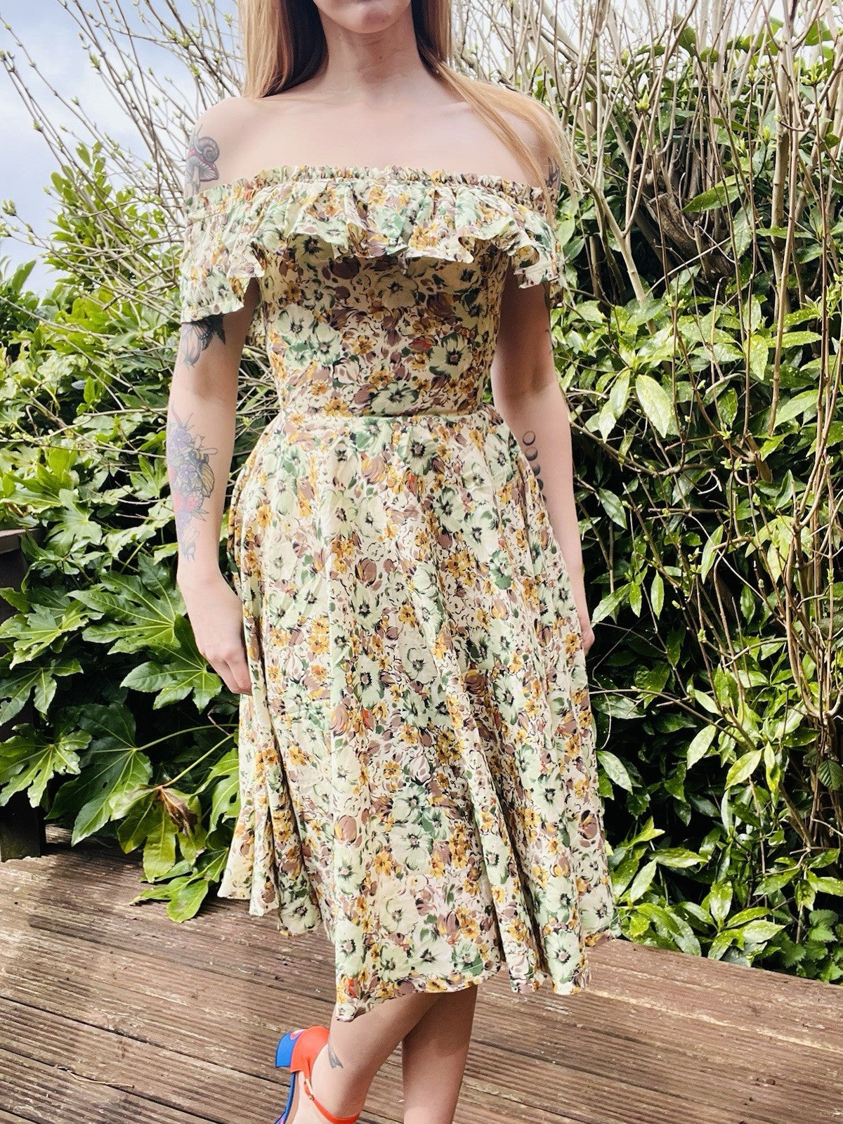 Vintage Floral Summer Dress Bardot Off Shoulder Ruffle Bustier Floaty Midi 6