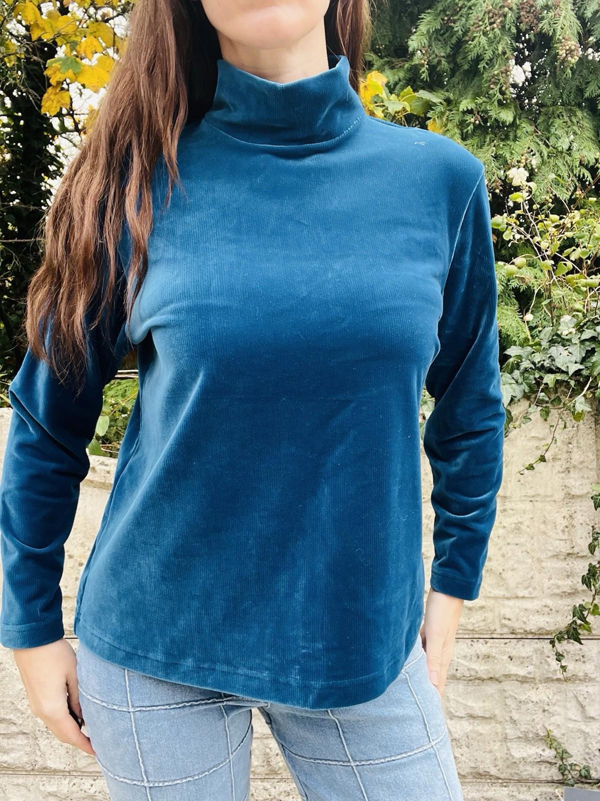 Vintage 1980s Velvet Top Blue Size 18 By Berkertex Turtle Neck Ribbed Jumper