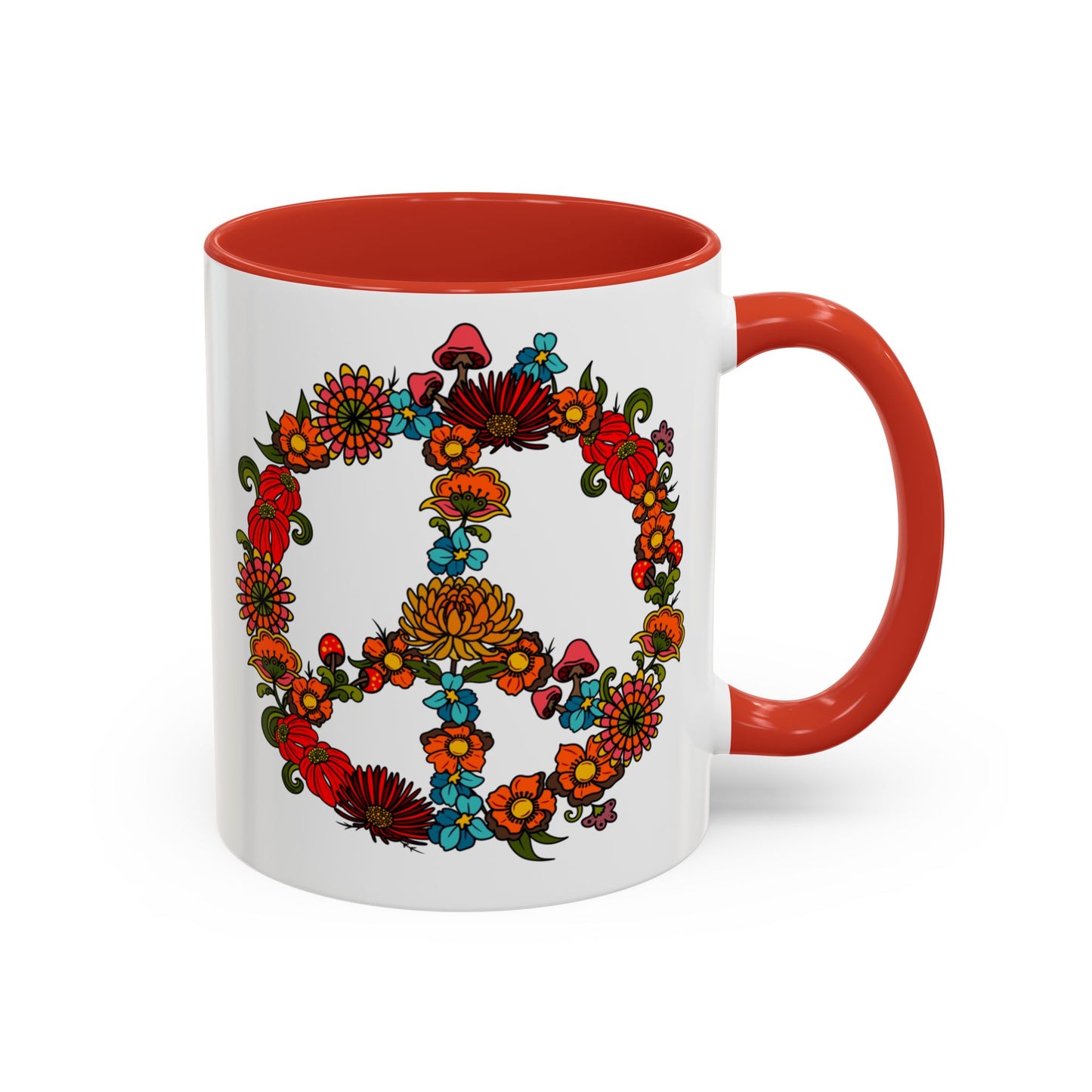 Hippie Peace Sign mug, Retro Floral 60s 70s tea and coffee cup, Colourful CND flower power ceramic mug