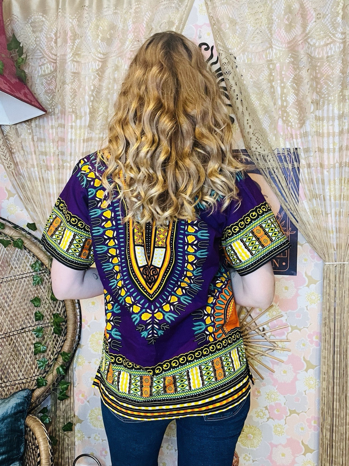 African Dashiki Boho Top 100% Cotton Summer T-shirt Blouse Abstract Print L