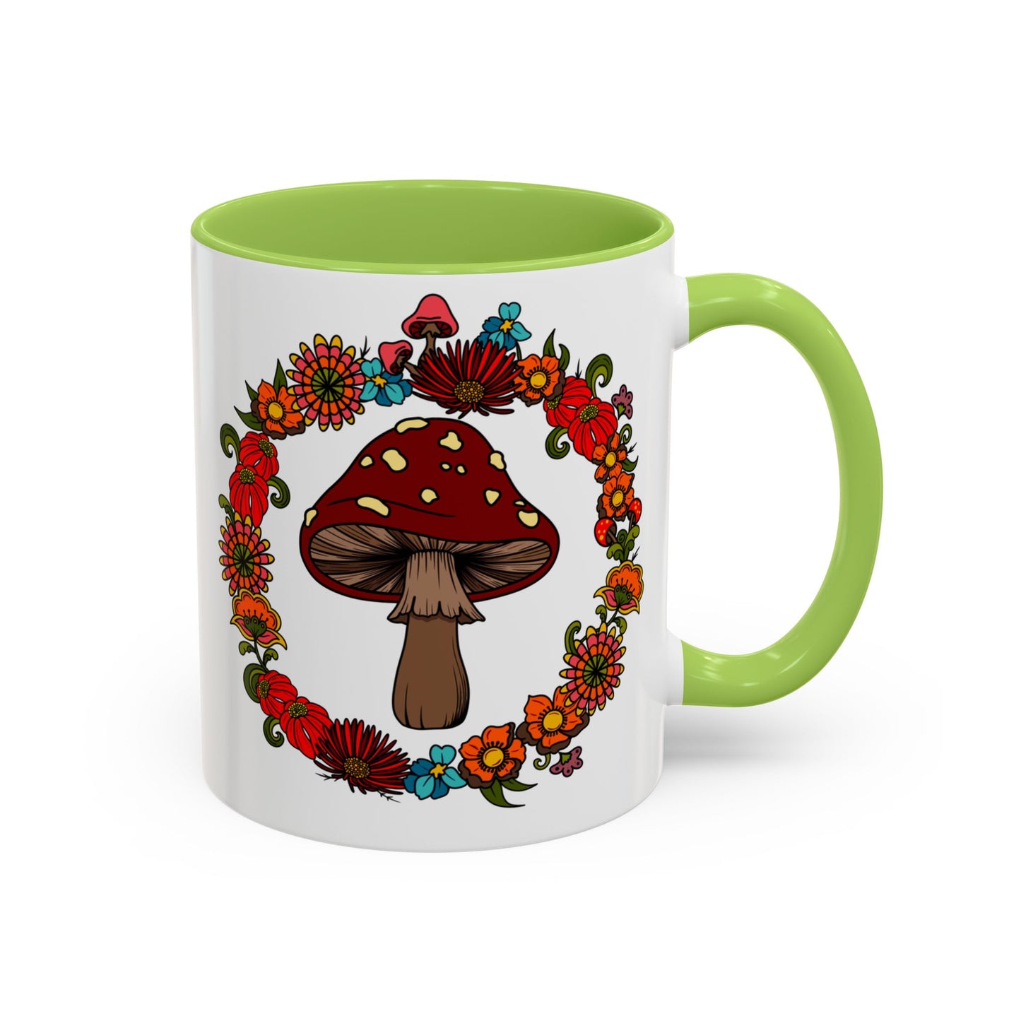 Flower and mushroom mug, Retro Floral 60s 70s tea and coffee cup, Colourful hippie flower power ceramic mug