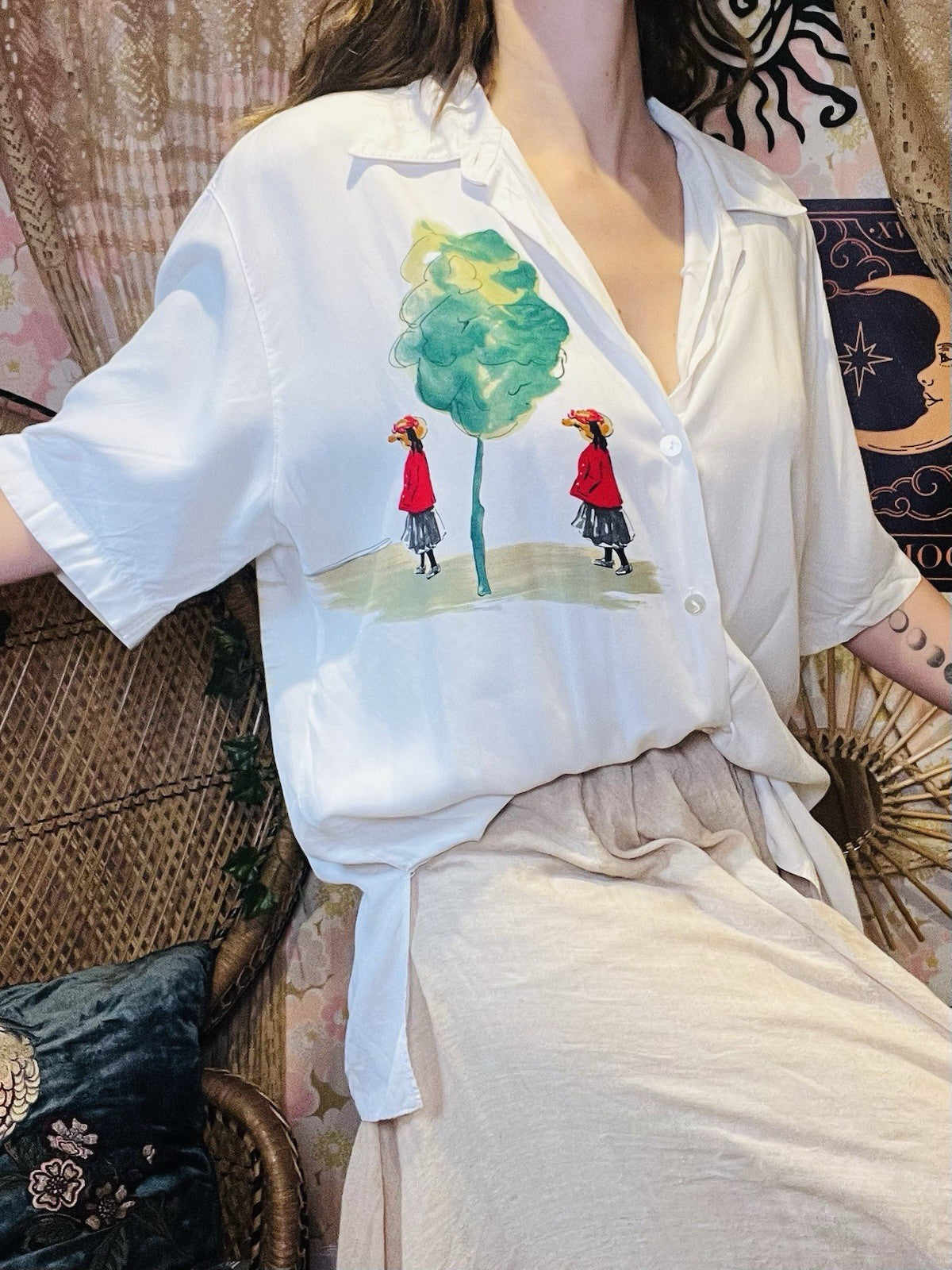 Vintage 1980s Blouse Shirt Watercolour Painting Oversized Baggy Top White 12