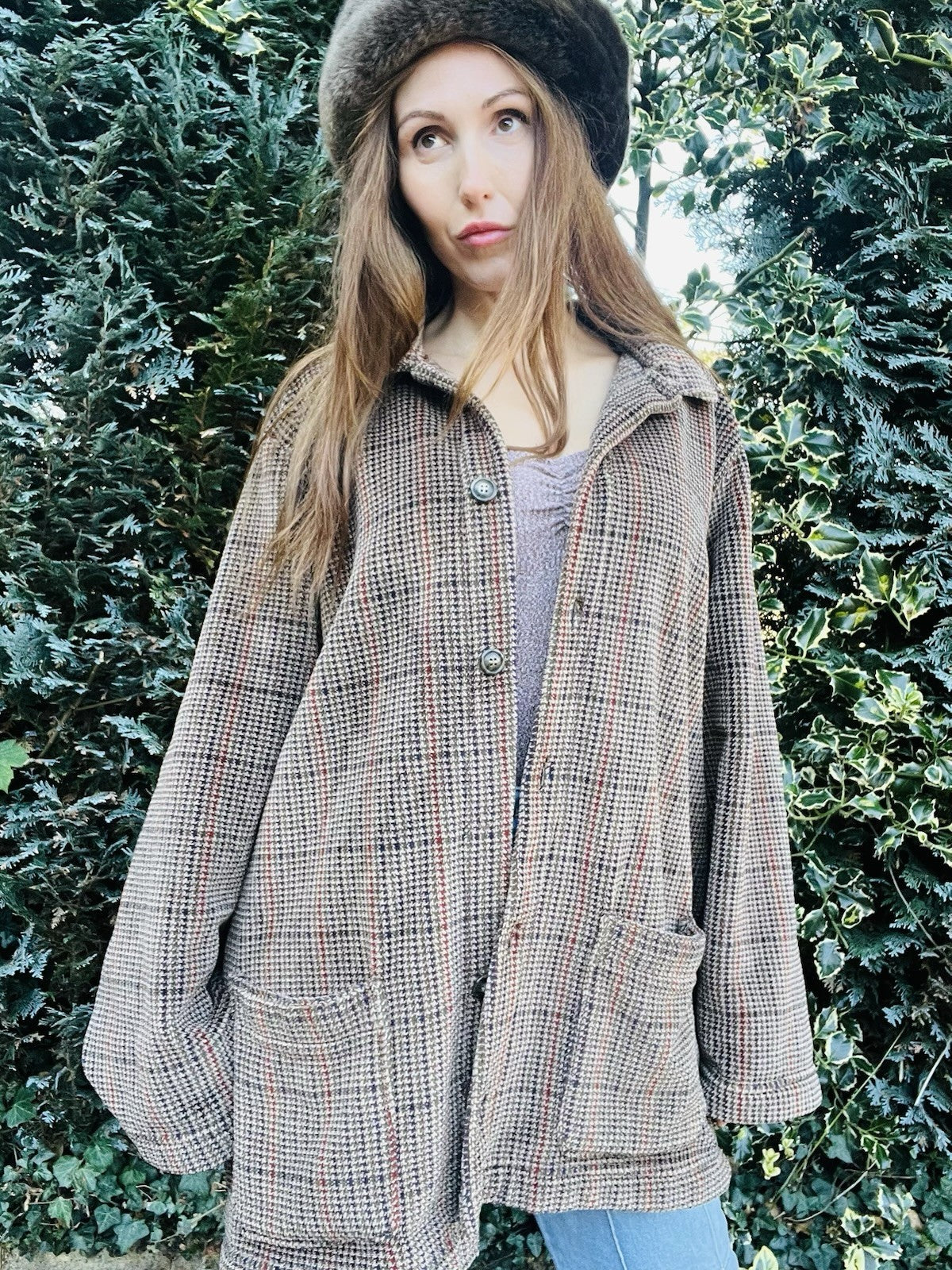 Vintage 80s Fleece Jacket, St Micheal Check Dogtooth Houndstooth Fluffy Coat XL