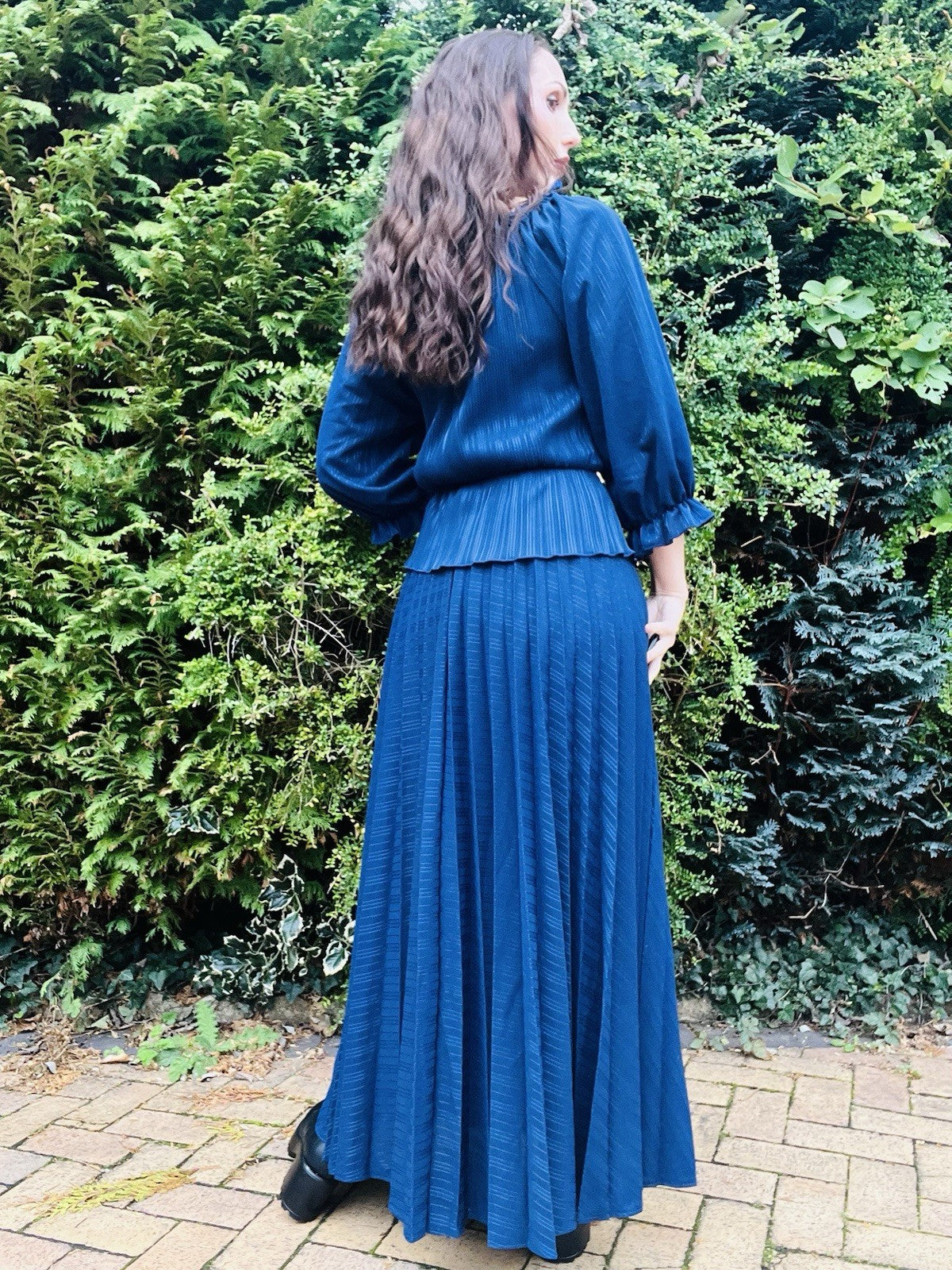 Vintage 1980s Peplum Dress Long Maxi Pleated Dress, Balloon Sleeves, 18-20