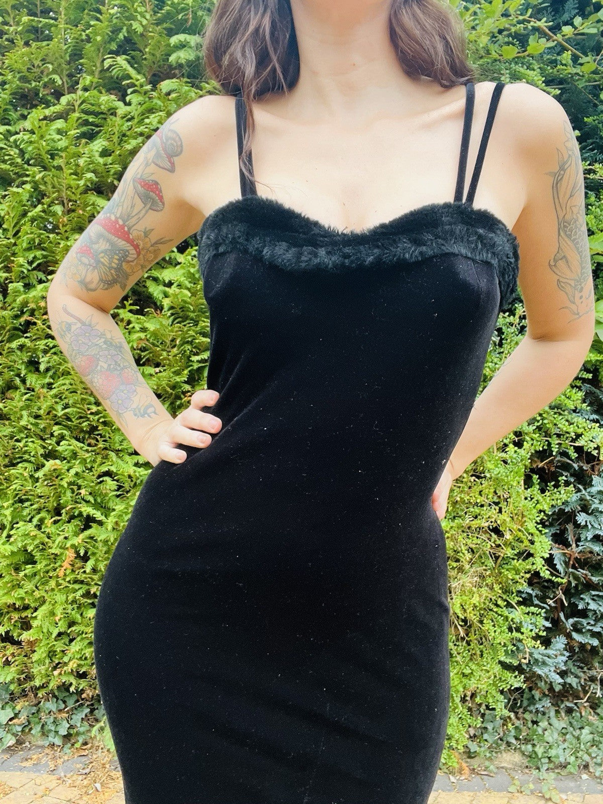 Vintage 1990s Velvet Dress With Fluffy Trim, Pencil Wiggle Dress By El-KA 10