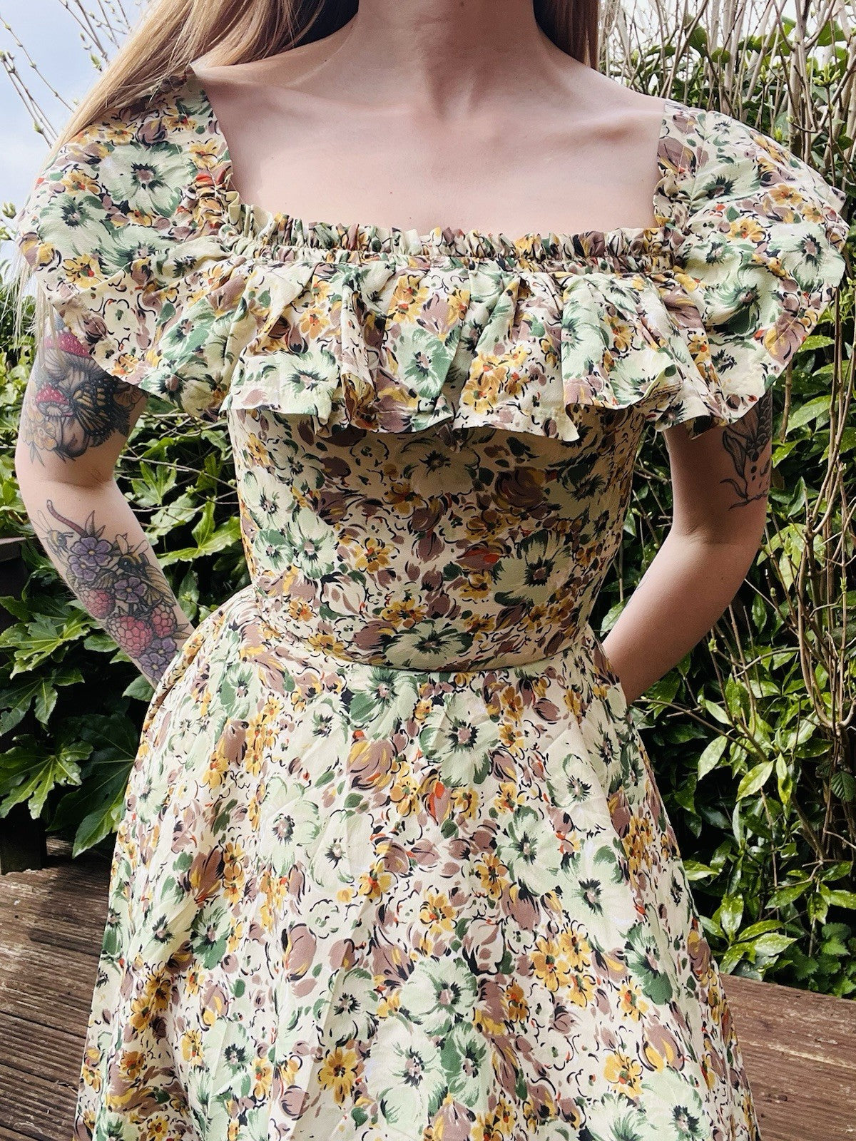 Vintage Floral Summer Dress Bardot Off Shoulder Ruffle Bustier Floaty Midi 6