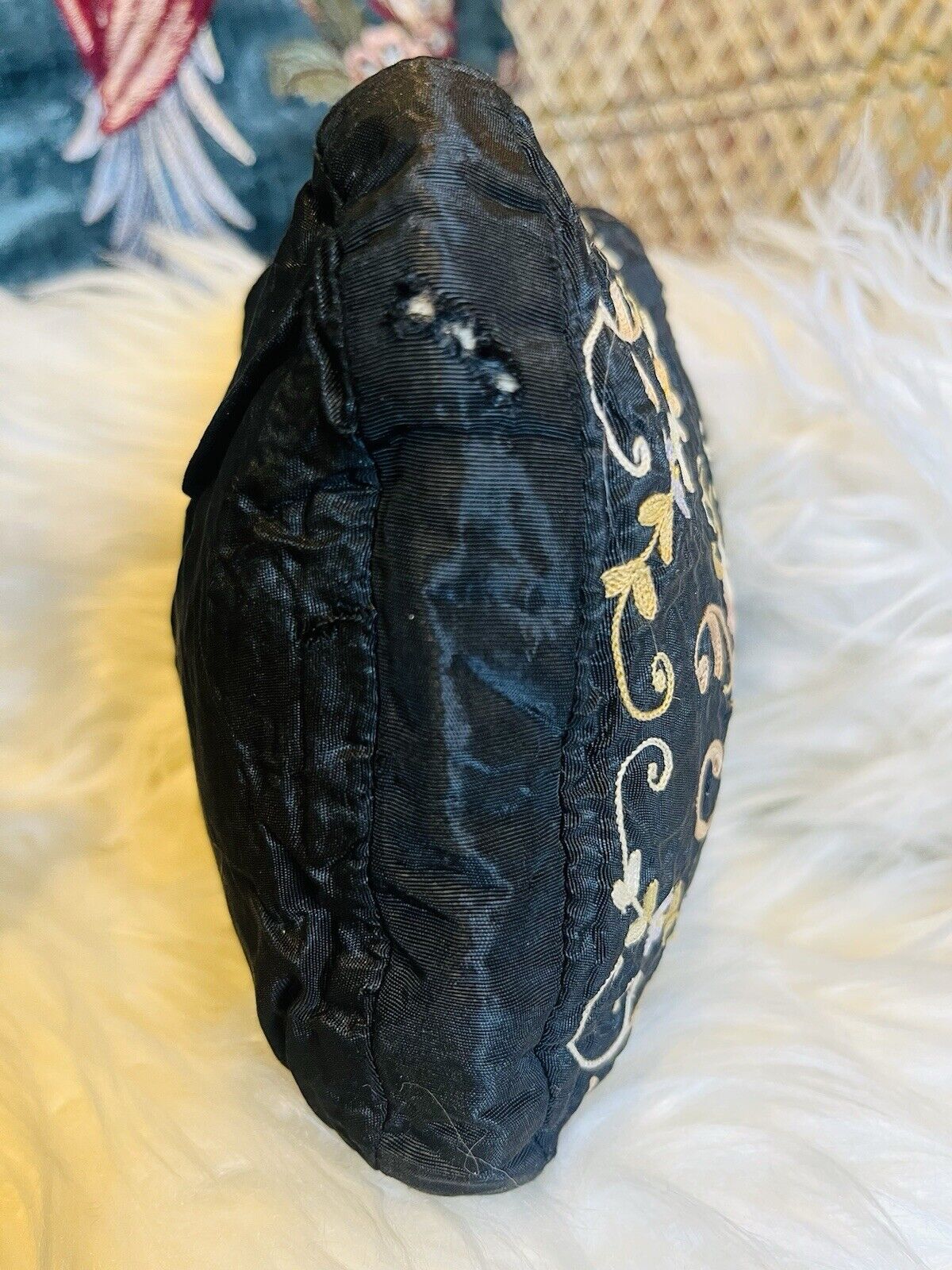 Vintage 1920s Embroidered Bag Small Antique Floral Clutch Purse With Mirror