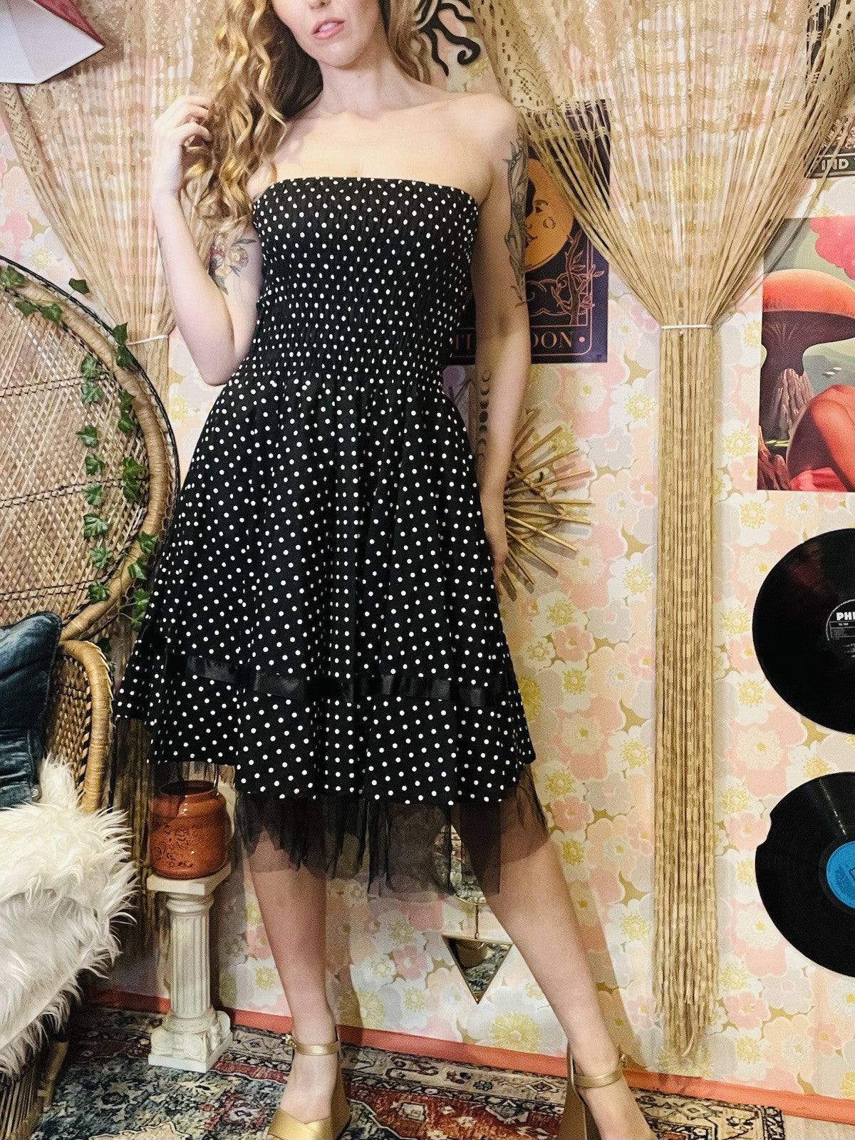 Vintage 1980s Polkadot Dress Frilly A-line Strapless Shirring Party Dress 12