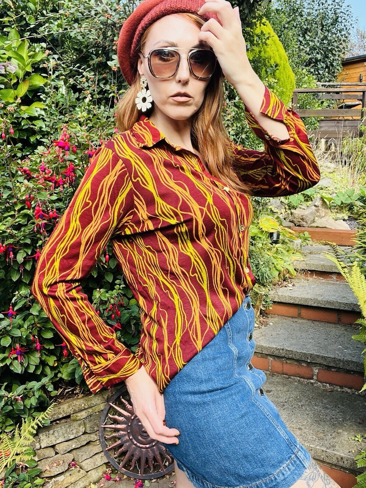 Vintage 1980s Abstract Blouse Burgundy Red Long Sleeve Retro Shirt Size 14
