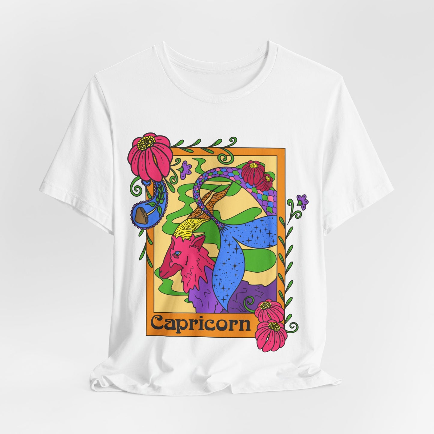 Capricorn star sign T-Shirt, Sea goat zodiac astrology top, Horoscope birthday gift Tee, Bold retro colourful Design tshirt