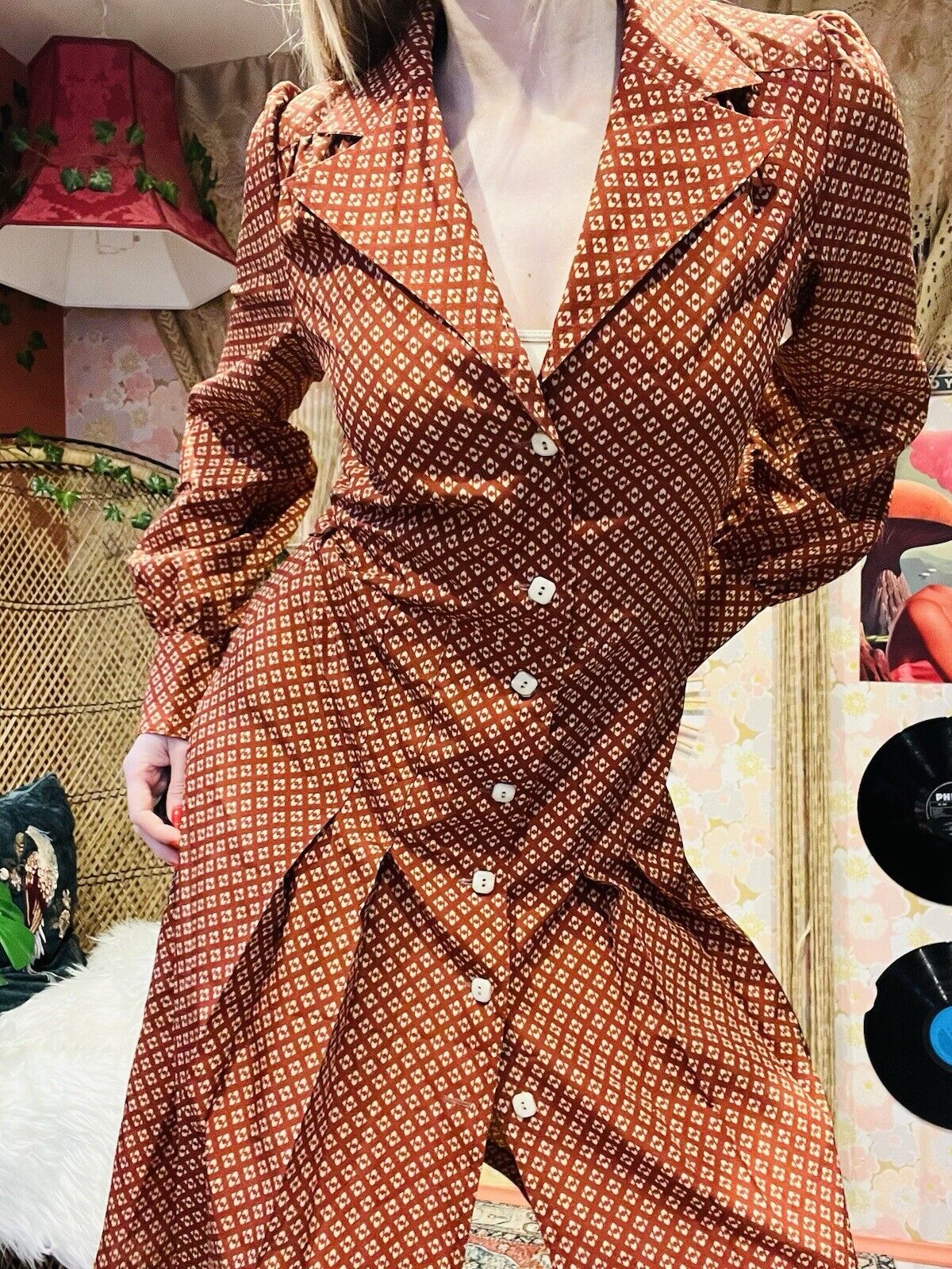 Vintage 1970s Shirt Dress Pleated A Line Collared Long Sleeves Office Work 12