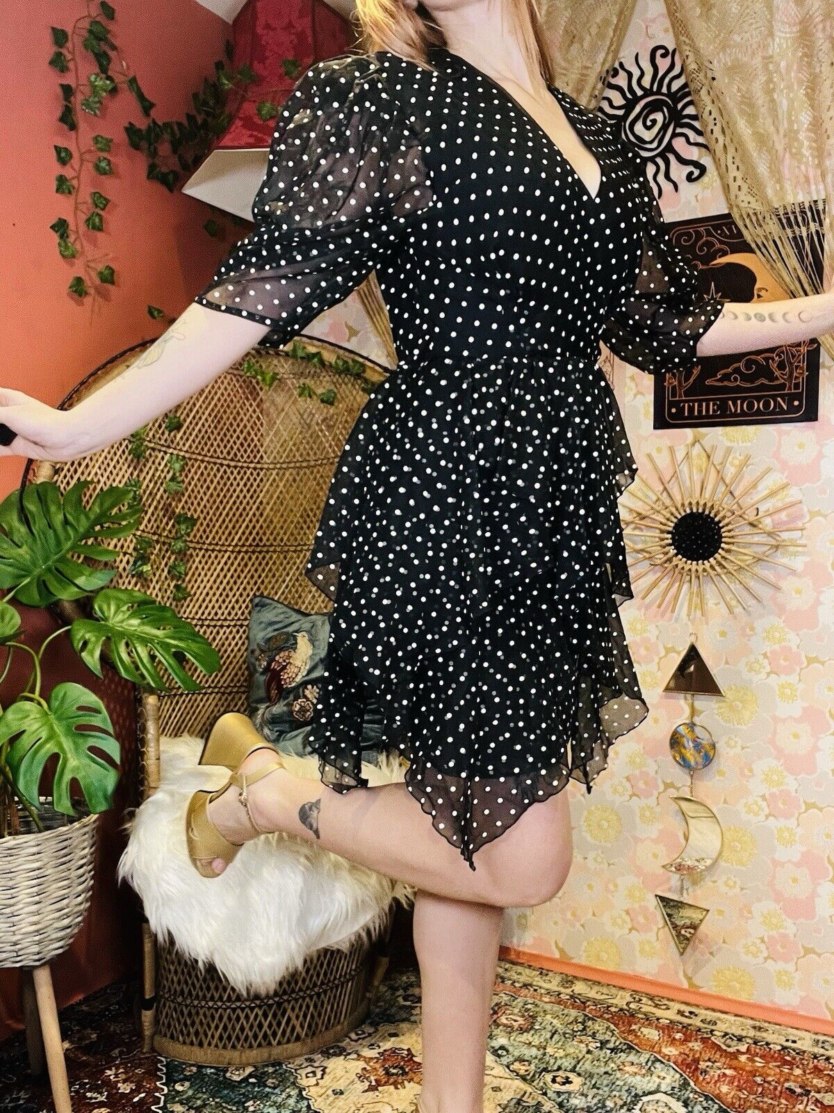 Vintage 1980s Polcadot Dress By Yessica Retro Floaty Assymetric Design Black 8