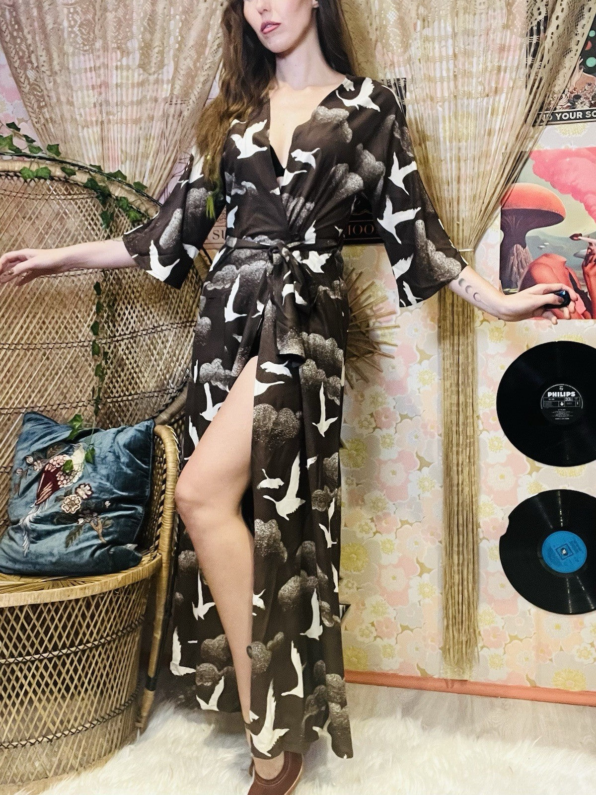 Vintage 1970s Maxi Dress Duster Retro Long Wrap Dress With Tie Belt Brown 10