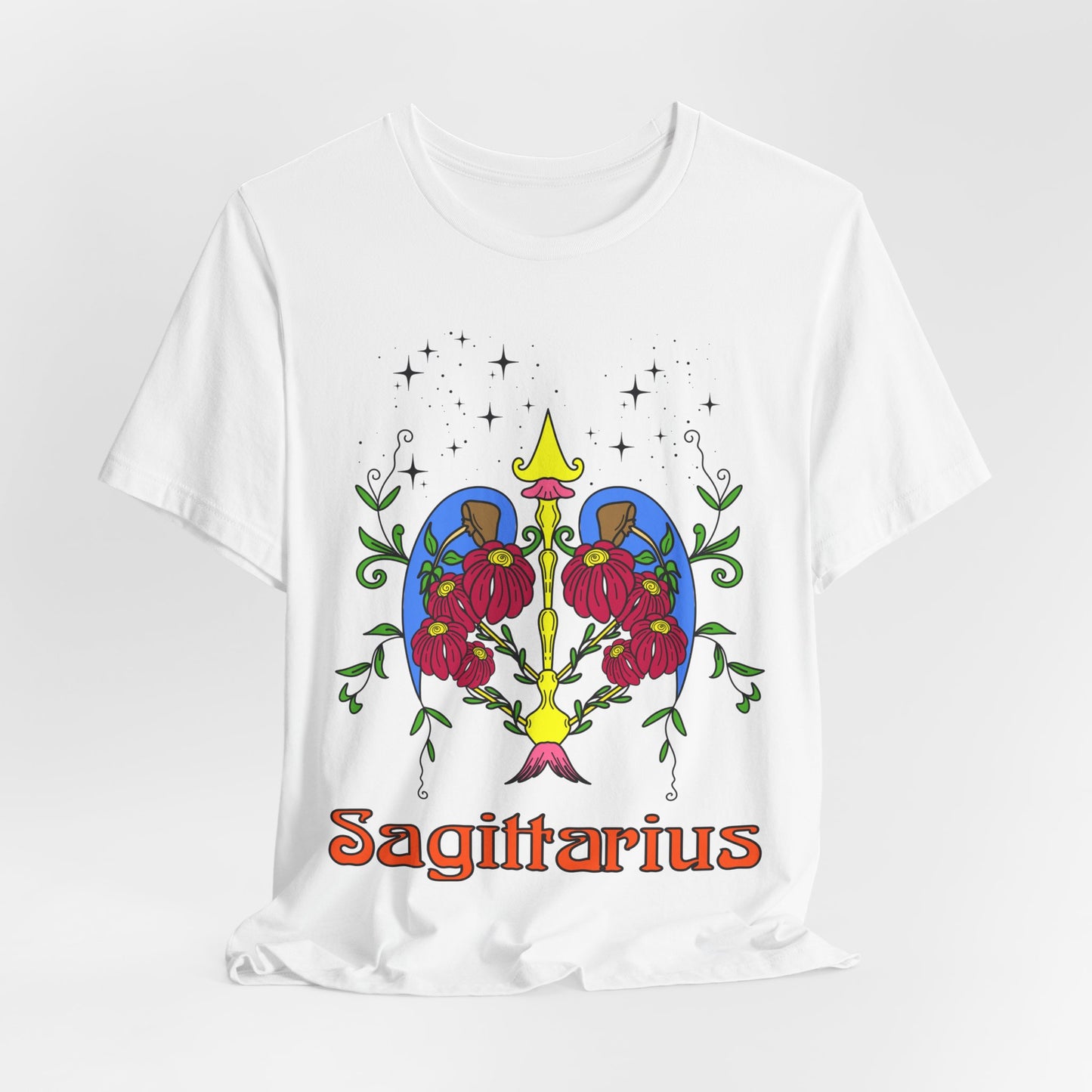 Sagittarius star sign T-Shirt, Bow and arrow zodiac astrology top, Horoscope birthday gift Tee, Bold retro colourful Design tshirt