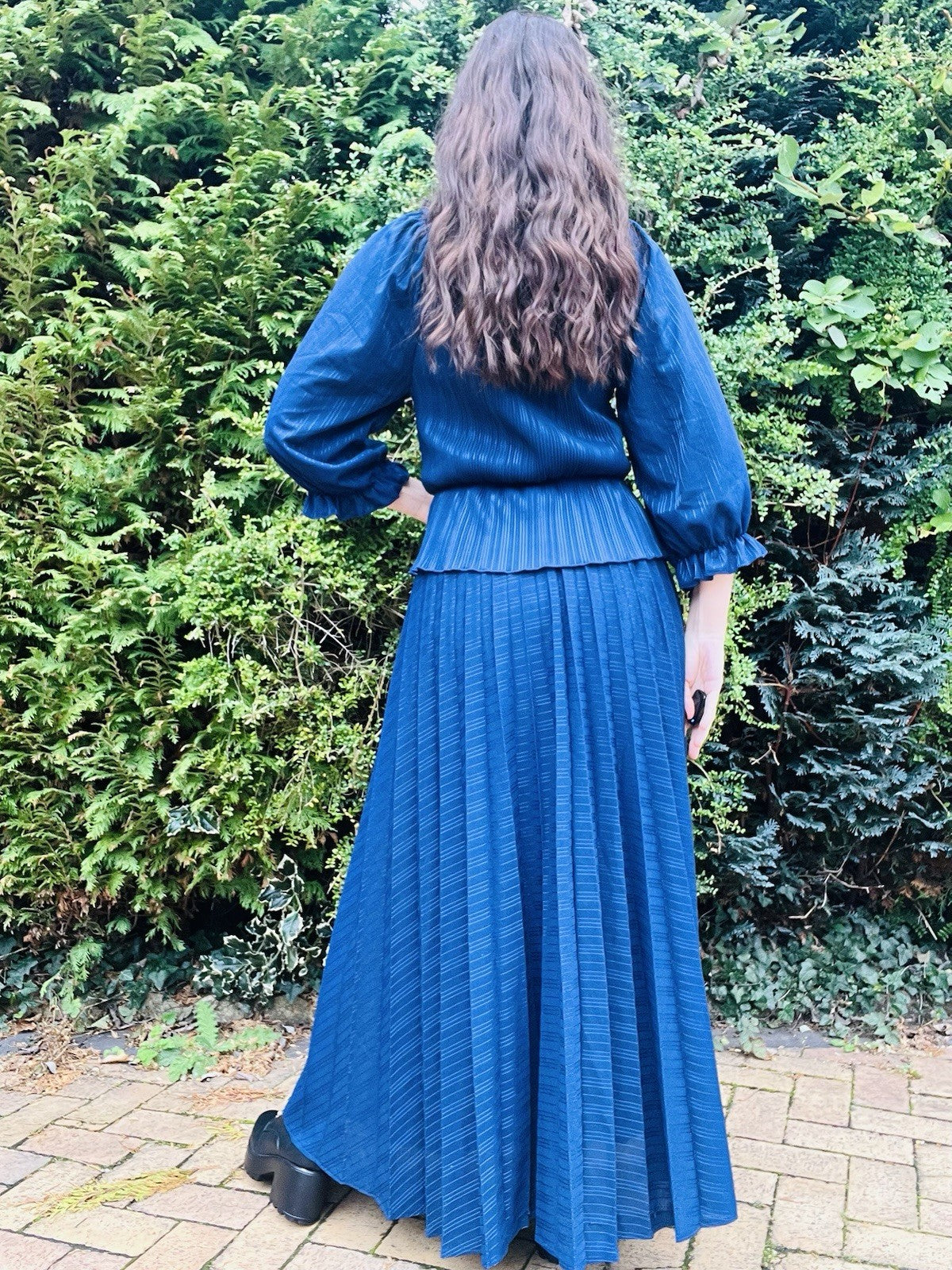 Vintage 1980s Peplum Dress Long Maxi Pleated Dress, Balloon Sleeves, 18-20